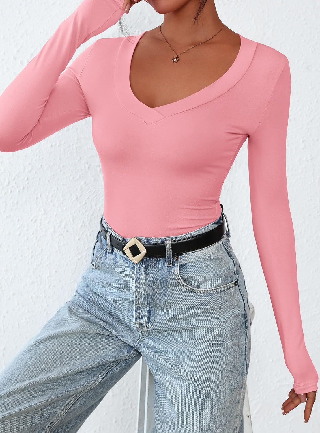 imagePRETTYGARDEN Long Sleeve Shirts for Women 2026 Fall Fashion V Neck Going Out Tops Slim Fit Basic Tees Y2K ClothesPink