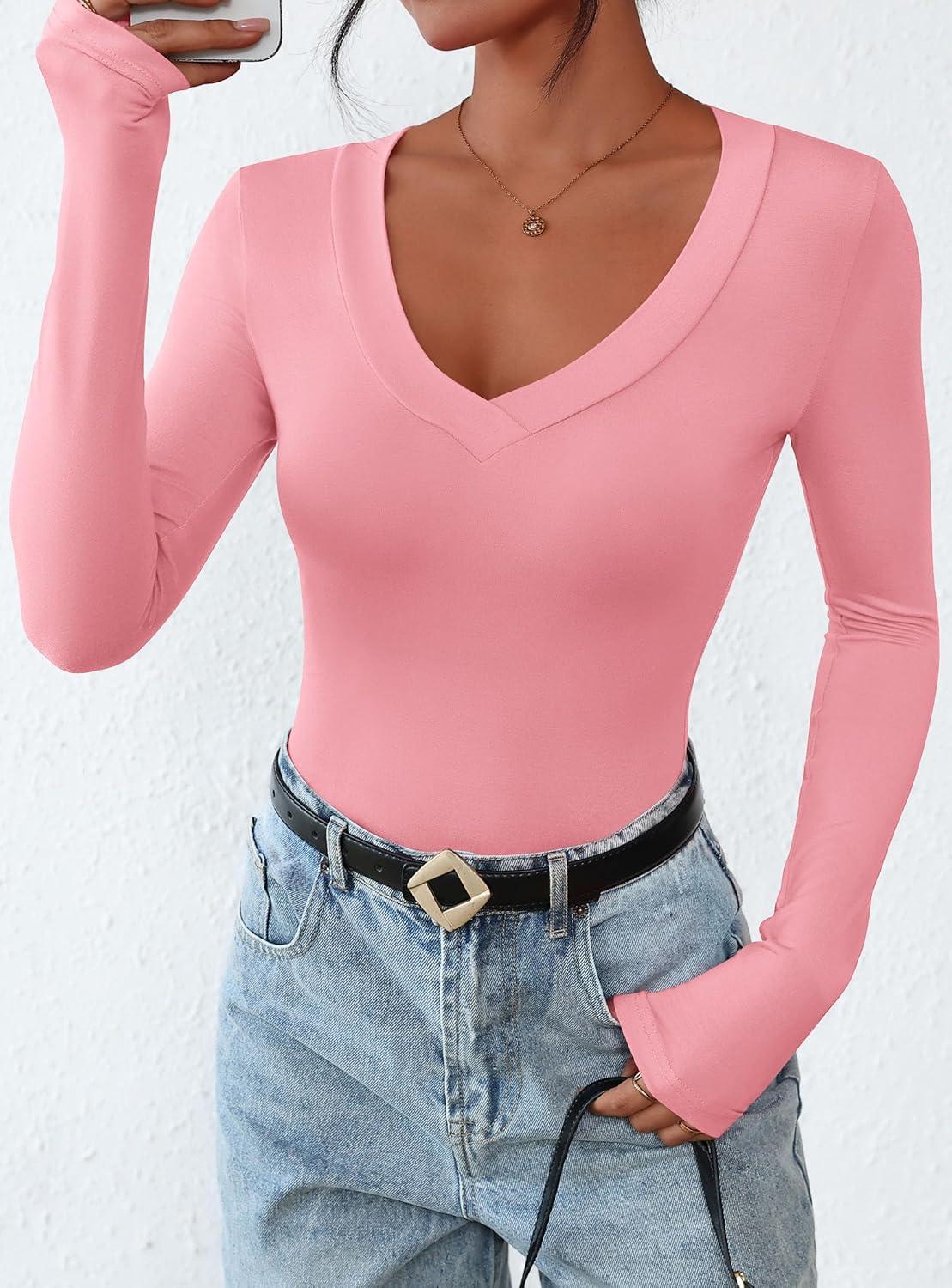 imagePRETTYGARDEN Long Sleeve Shirts for Women 2026 Fall Fashion V Neck Going Out Tops Slim Fit Basic Tees Y2K ClothesPink