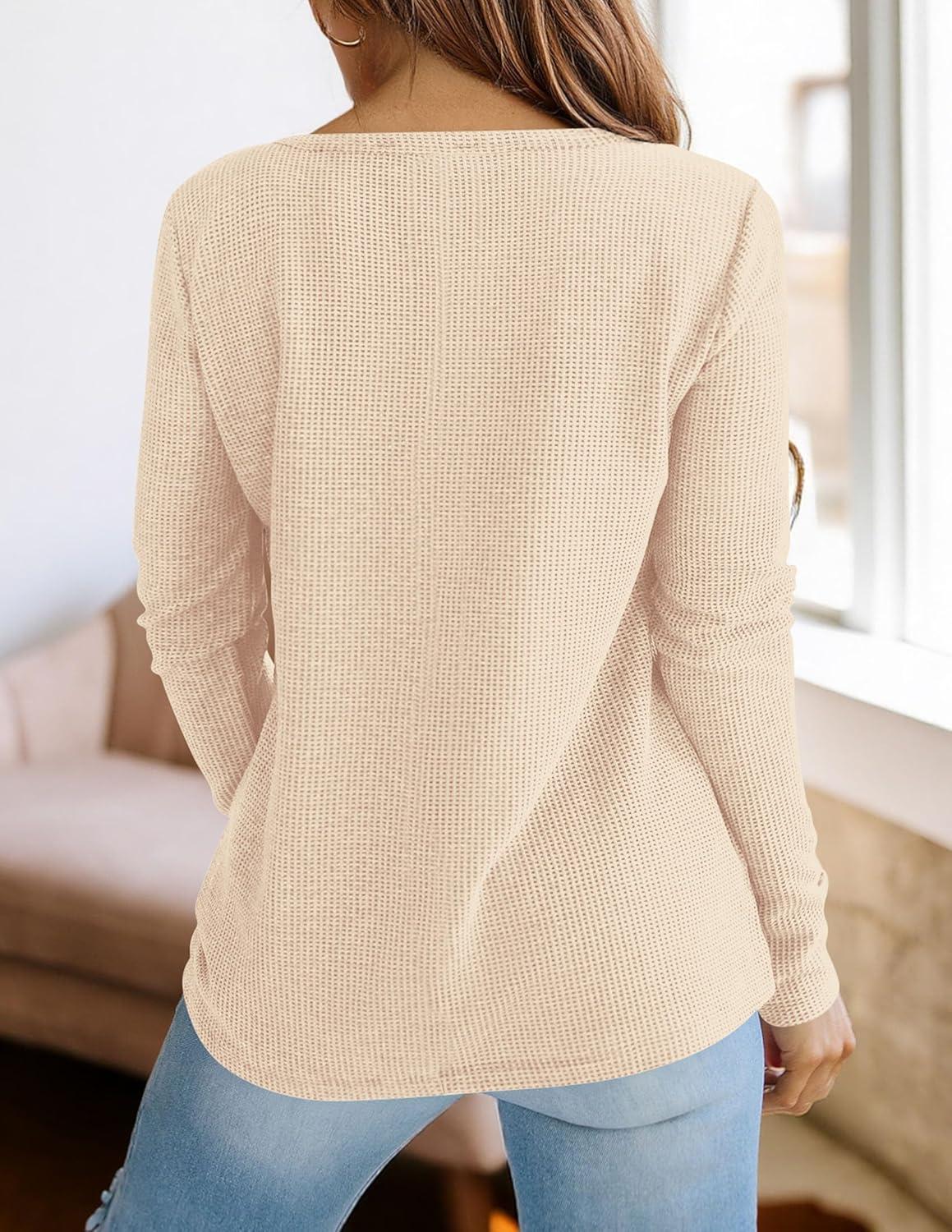 imagePRETTYGARDEN Long Sleeve Shirts for Women 2026 Fall V Neck Waffle Basic Tee Dressy Casual Winter Blouses Knit Tunic TopsBeige