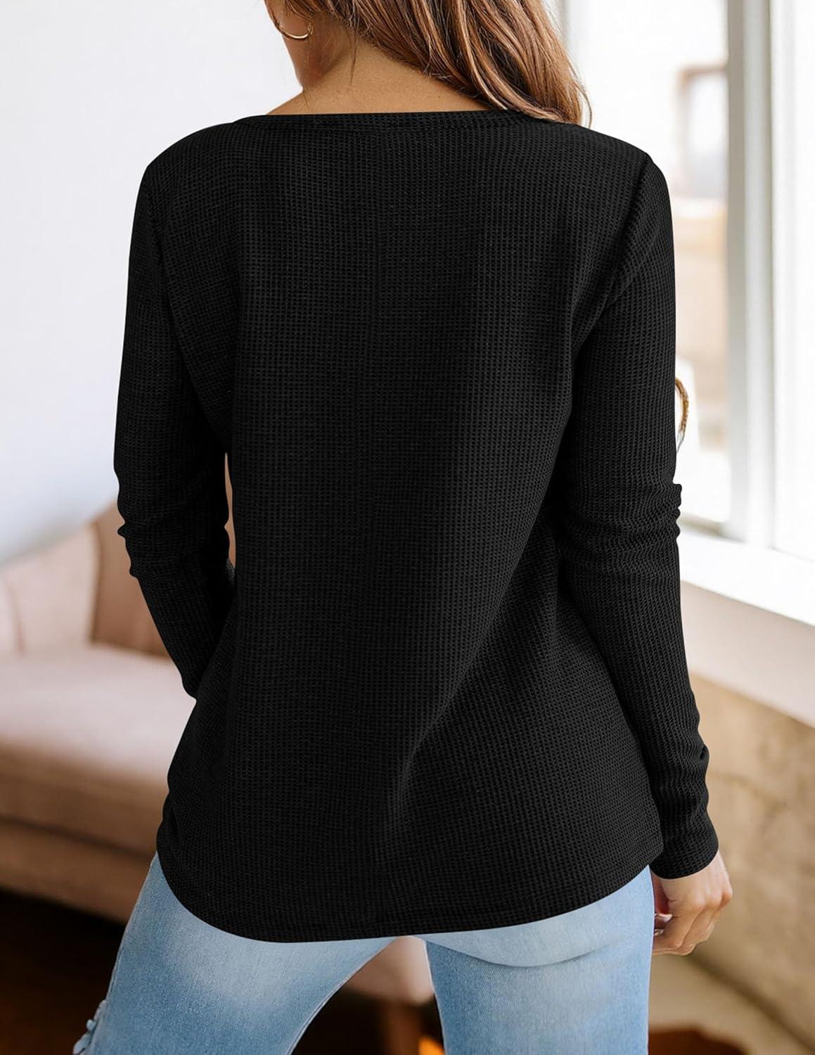 imagePRETTYGARDEN Long Sleeve Shirts for Women 2026 Fall V Neck Waffle Basic Tee Dressy Casual Winter Blouses Knit Tunic TopsBlack