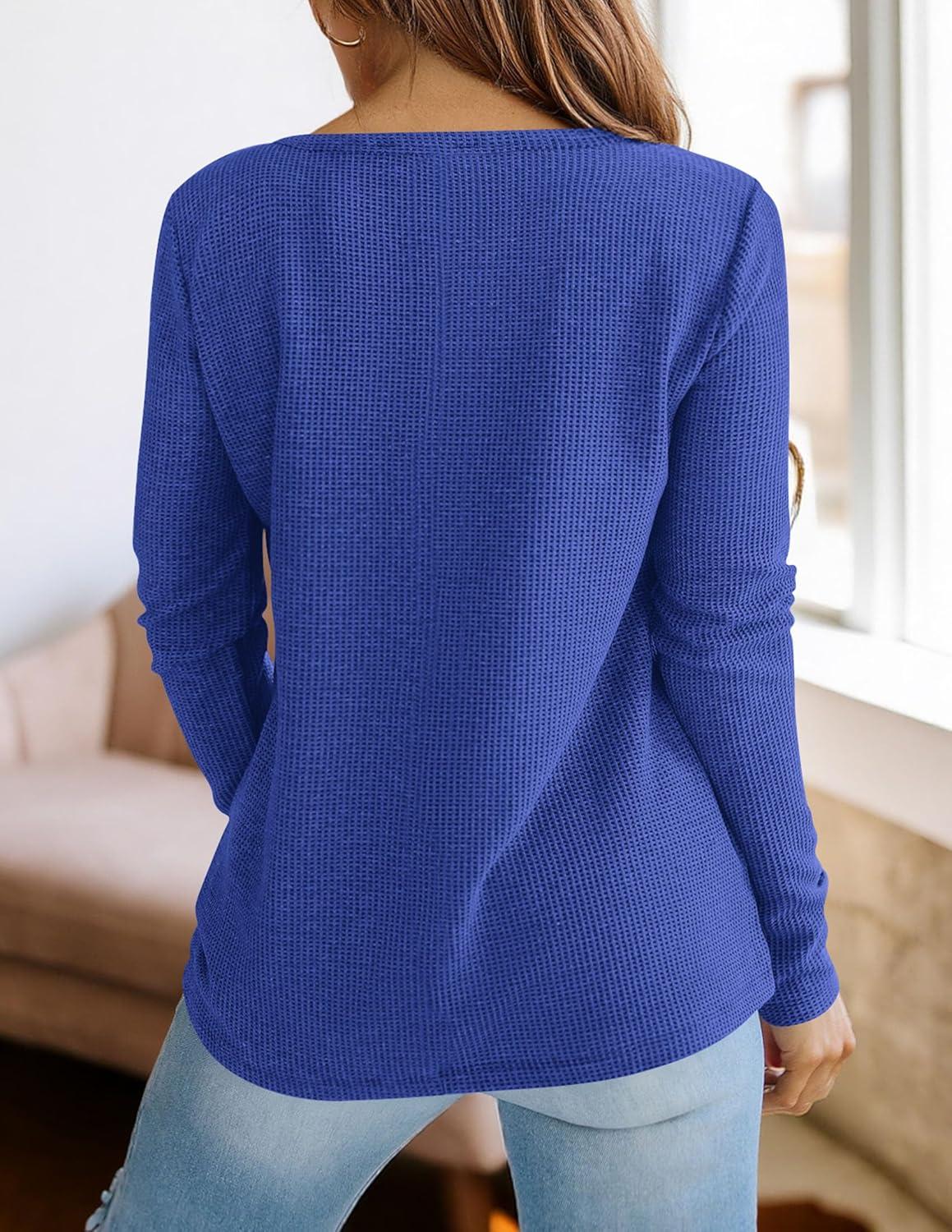imagePRETTYGARDEN Long Sleeve Shirts for Women 2026 Fall V Neck Waffle Basic Tee Dressy Casual Winter Blouses Knit Tunic TopsBlue
