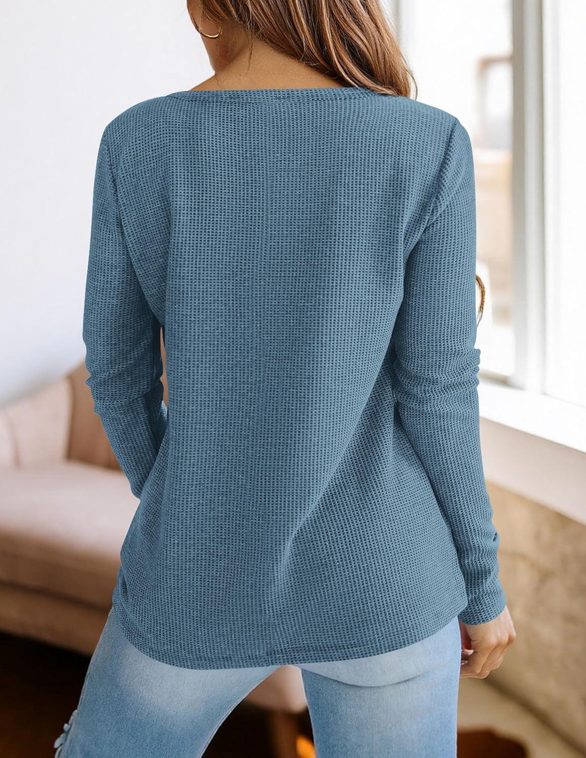 imagePRETTYGARDEN Long Sleeve Shirts for Women 2026 Fall V Neck Waffle Basic Tee Dressy Casual Winter Blouses Knit Tunic TopsGrey Blue