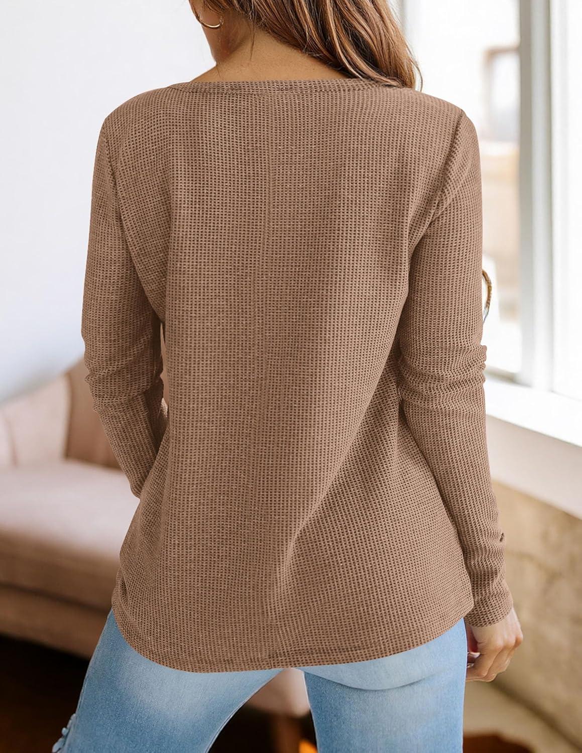 imagePRETTYGARDEN Long Sleeve Shirts for Women 2026 Fall V Neck Waffle Basic Tee Dressy Casual Winter Blouses Knit Tunic TopsKhaki