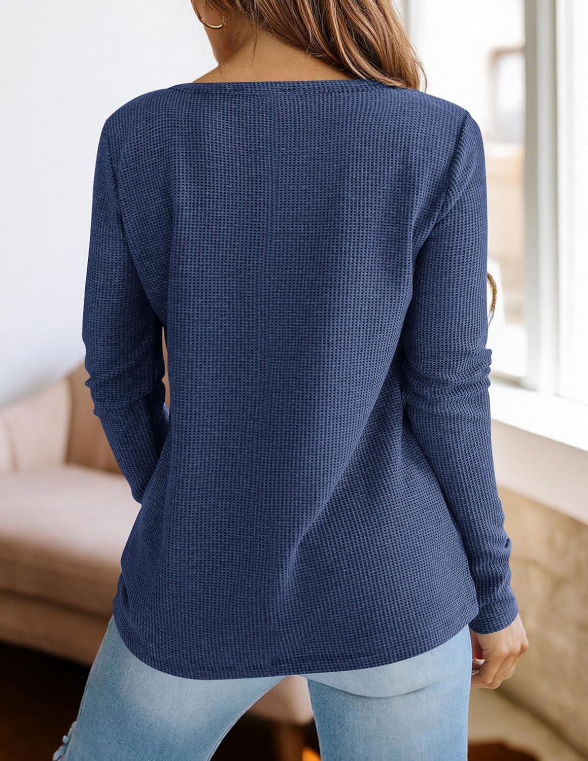 imagePRETTYGARDEN Long Sleeve Shirts for Women 2026 Fall V Neck Waffle Basic Tee Dressy Casual Winter Blouses Knit Tunic TopsNavy