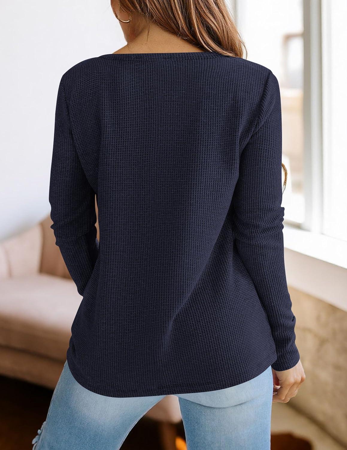 imagePRETTYGARDEN Long Sleeve Shirts for Women 2026 Fall V Neck Waffle Basic Tee Dressy Casual Winter Blouses Knit Tunic TopsNavy Blue