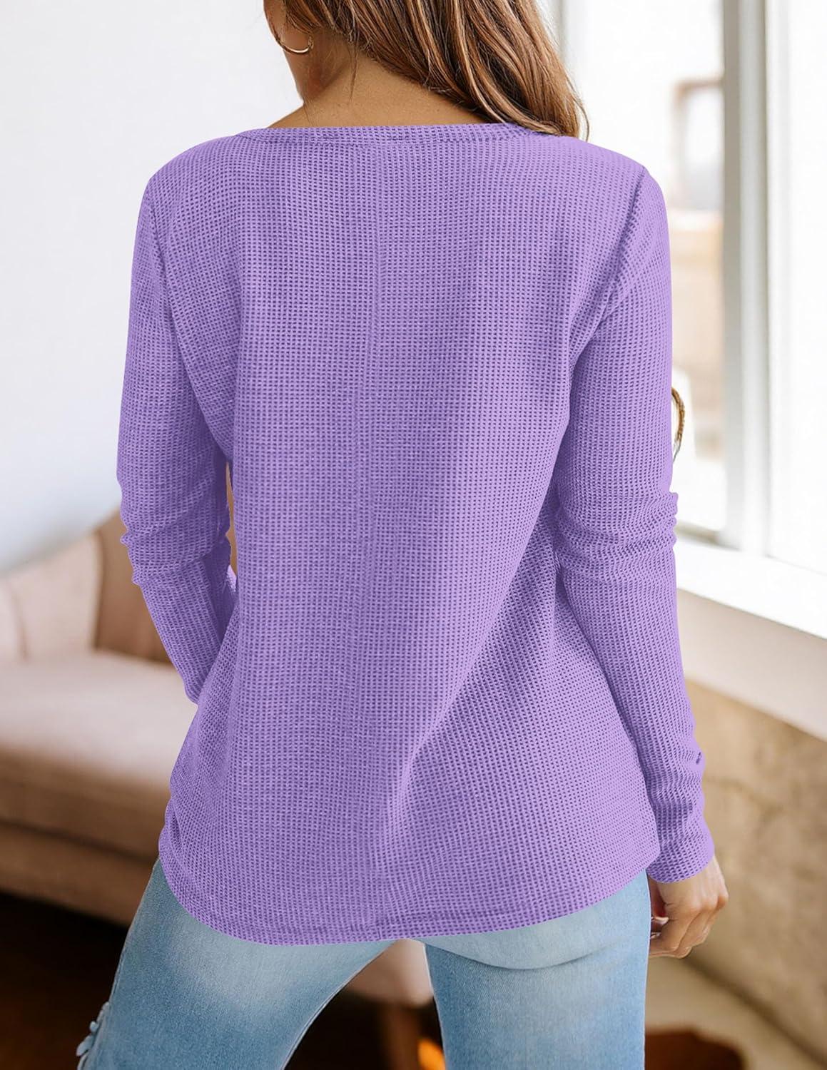 imagePRETTYGARDEN Long Sleeve Shirts for Women 2026 Fall V Neck Waffle Basic Tee Dressy Casual Winter Blouses Knit Tunic TopsPurple