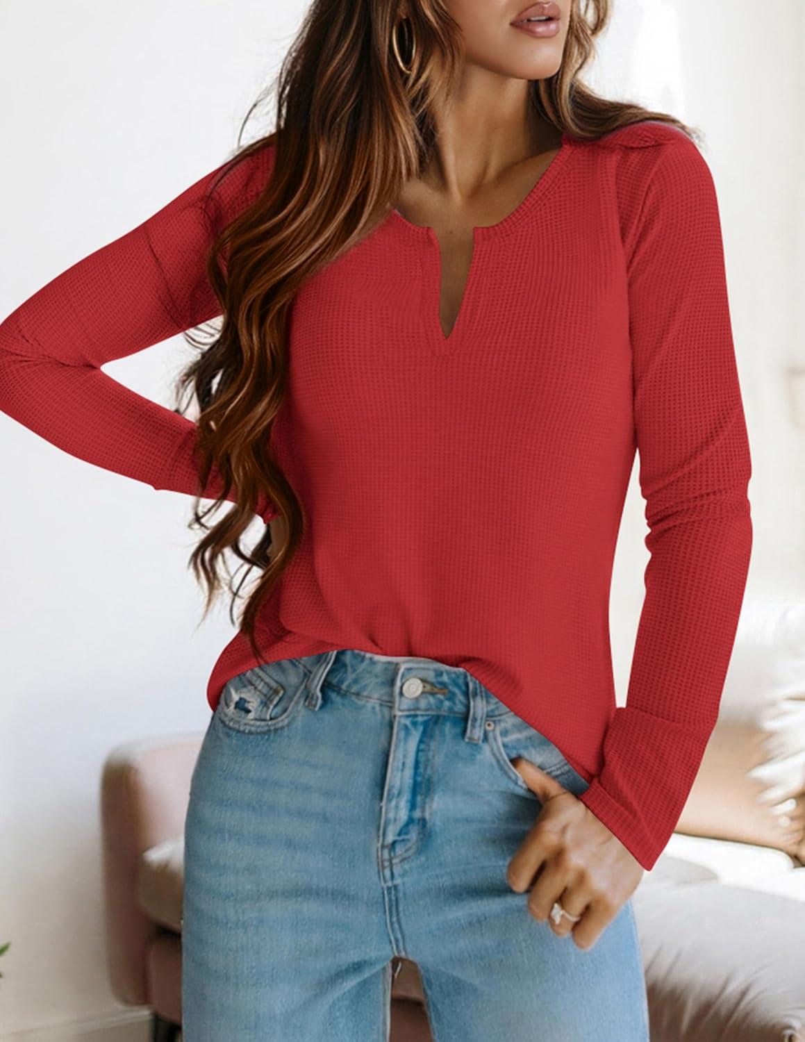 imagePRETTYGARDEN Long Sleeve Shirts for Women 2026 Fall V Neck Waffle Basic Tee Dressy Casual Winter Blouses Knit Tunic TopsRed