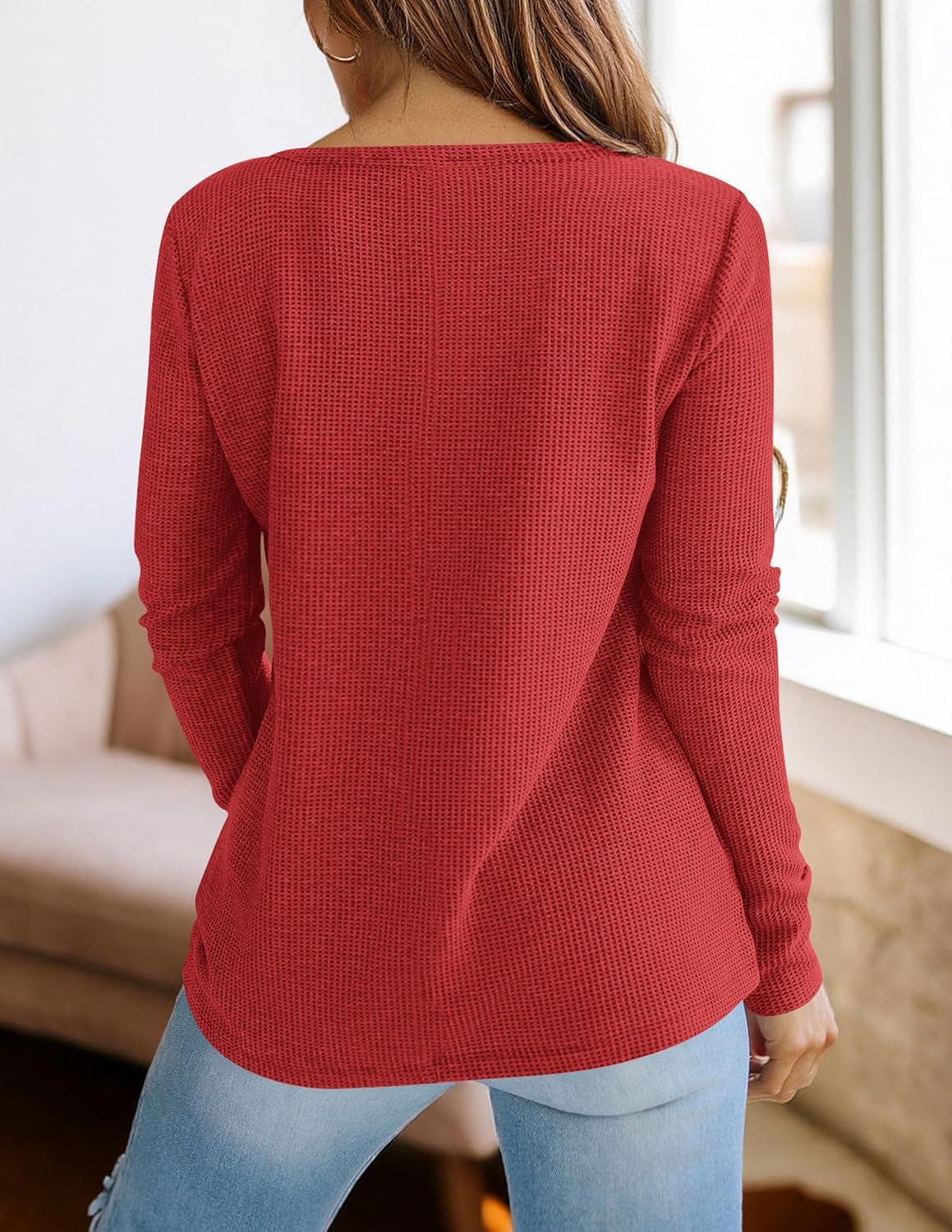 imagePRETTYGARDEN Long Sleeve Shirts for Women 2026 Fall V Neck Waffle Basic Tee Dressy Casual Winter Blouses Knit Tunic TopsRed