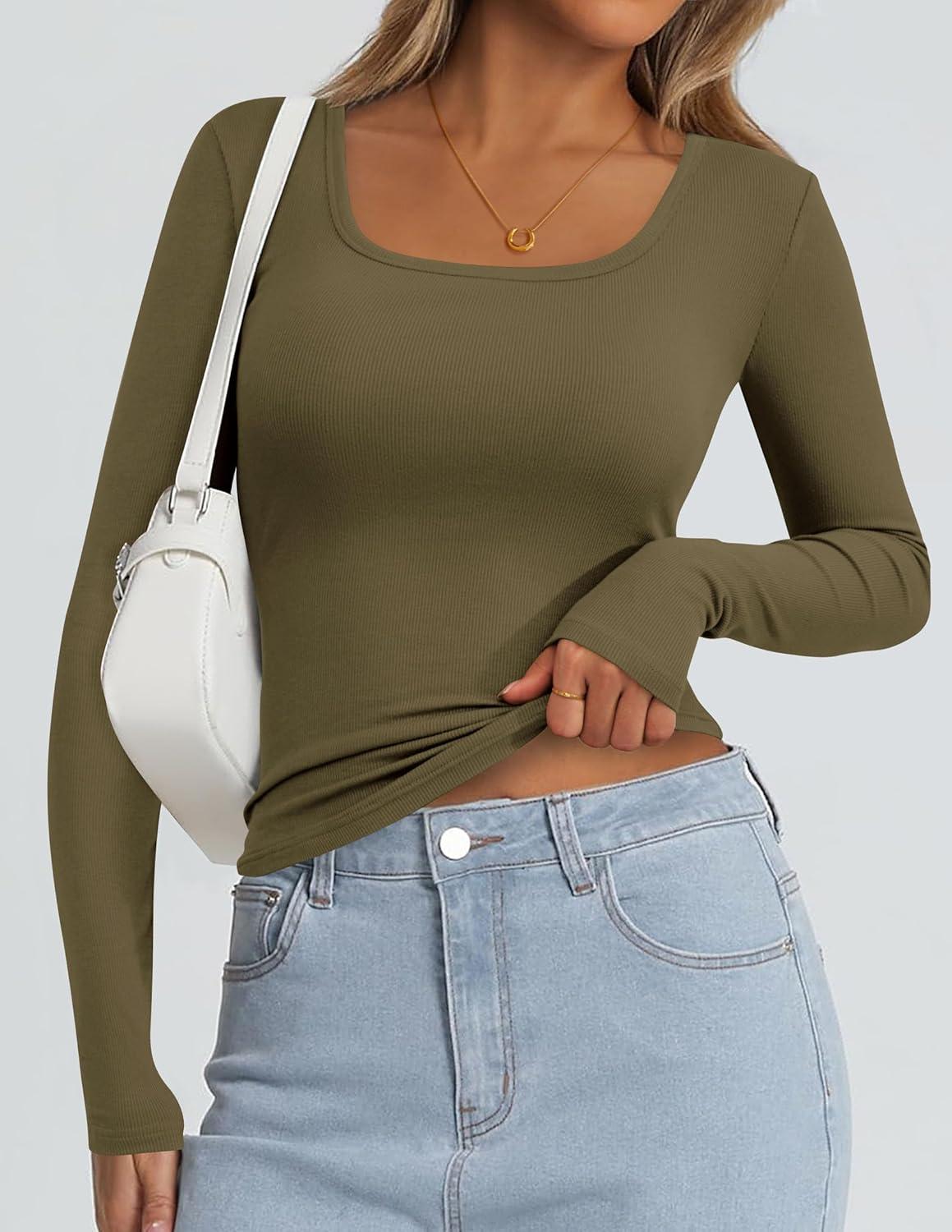 imagePRETTYGARDEN Long Sleeve Shirts for Women Spring 2026 Ribbed Basic Tees Scoop Neck Trendy Going Out Tops Fashion ClothingArmy Green