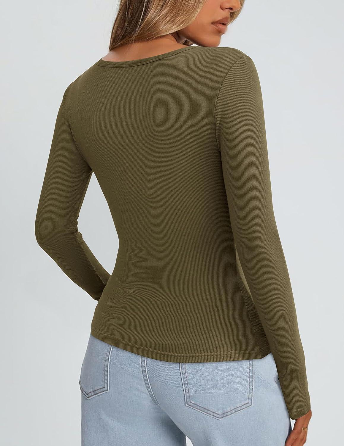 imagePRETTYGARDEN Long Sleeve Shirts for Women Spring 2026 Ribbed Basic Tees Scoop Neck Trendy Going Out Tops Fashion ClothingArmy Green