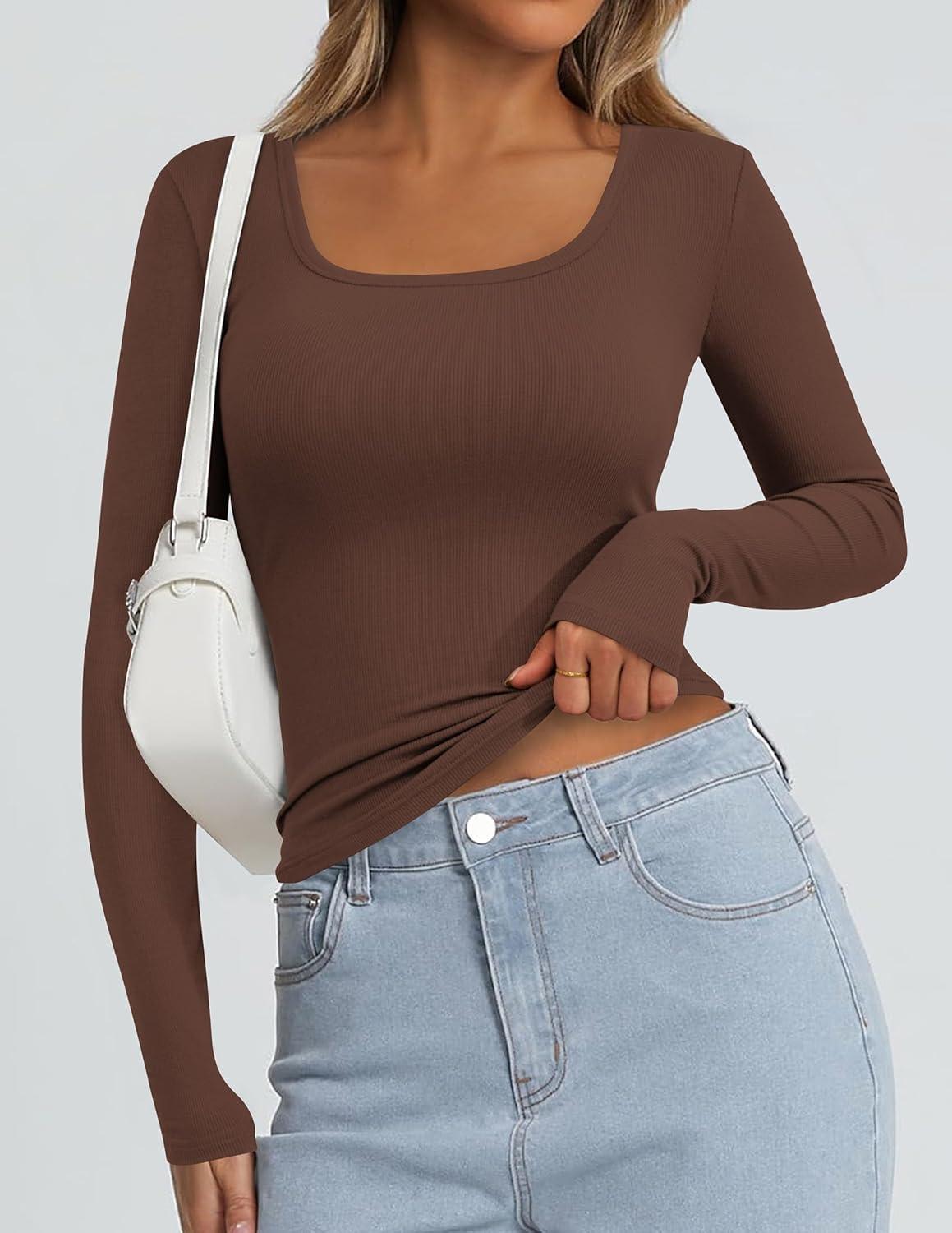 imagePRETTYGARDEN Long Sleeve Shirts for Women Spring 2026 Ribbed Basic Tees Scoop Neck Trendy Going Out Tops Fashion ClothingBrown