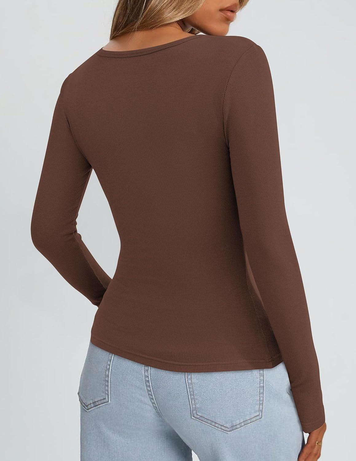 imagePRETTYGARDEN Long Sleeve Shirts for Women Spring 2026 Ribbed Basic Tees Scoop Neck Trendy Going Out Tops Fashion ClothingBrown