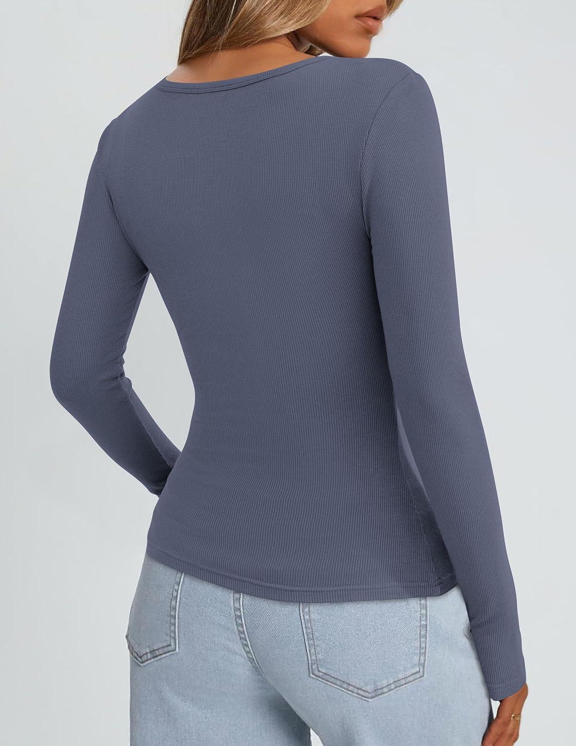 imagePRETTYGARDEN Long Sleeve Shirts for Women Spring 2026 Ribbed Basic Tees Scoop Neck Trendy Going Out Tops Fashion ClothingDark Dusty Blue