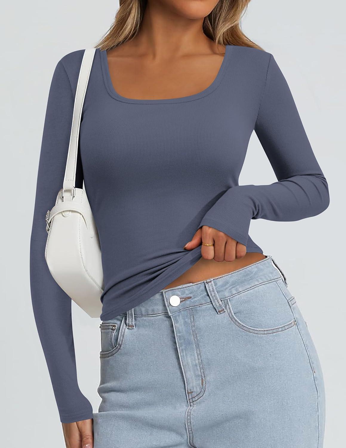 imagePRETTYGARDEN Long Sleeve Shirts for Women Spring 2026 Ribbed Basic Tees Scoop Neck Trendy Going Out Tops Fashion ClothingDark Dusty Blue
