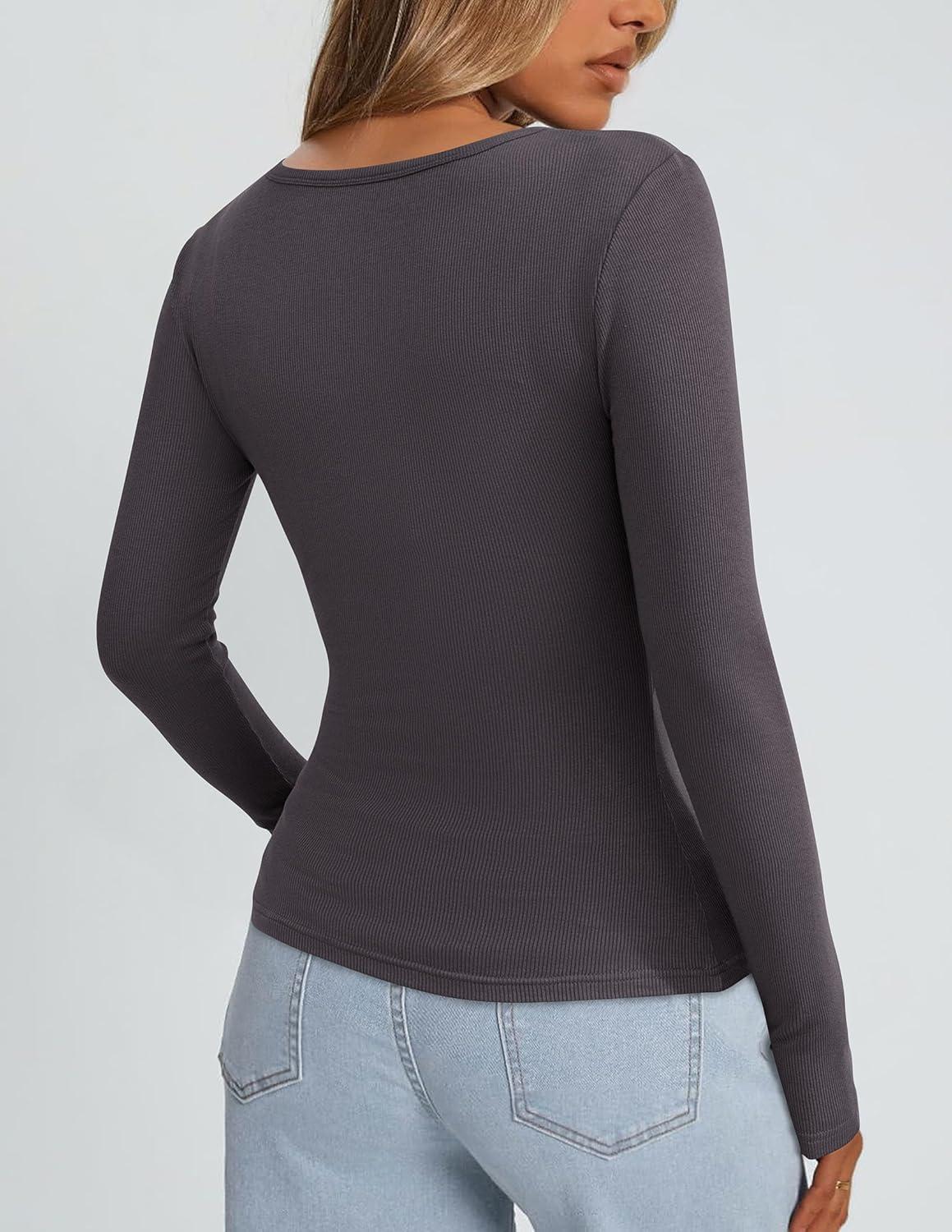 imagePRETTYGARDEN Long Sleeve Shirts for Women Spring 2026 Ribbed Basic Tees Scoop Neck Trendy Going Out Tops Fashion ClothingDark Grey