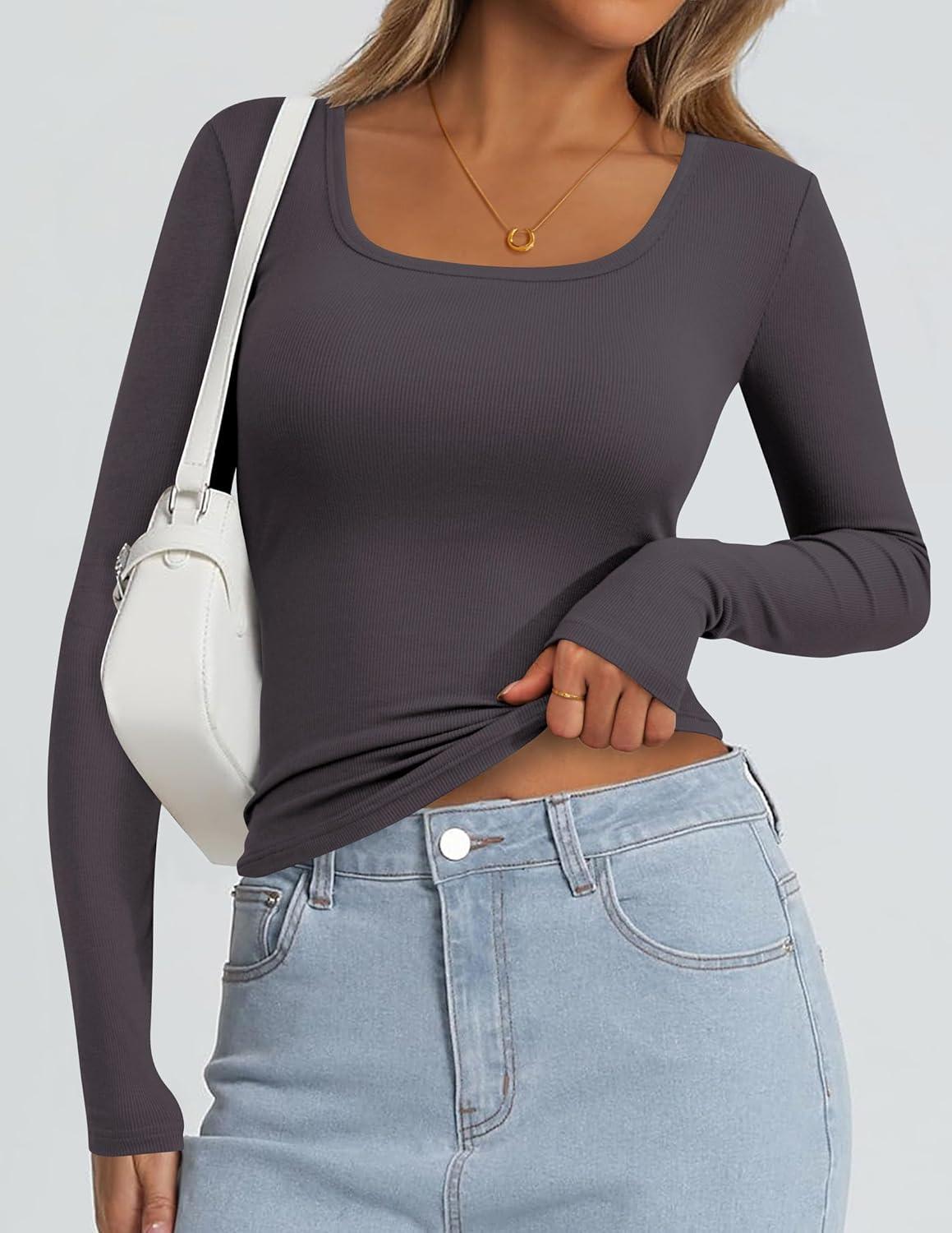 imagePRETTYGARDEN Long Sleeve Shirts for Women Spring 2026 Ribbed Basic Tees Scoop Neck Trendy Going Out Tops Fashion ClothingDark Grey
