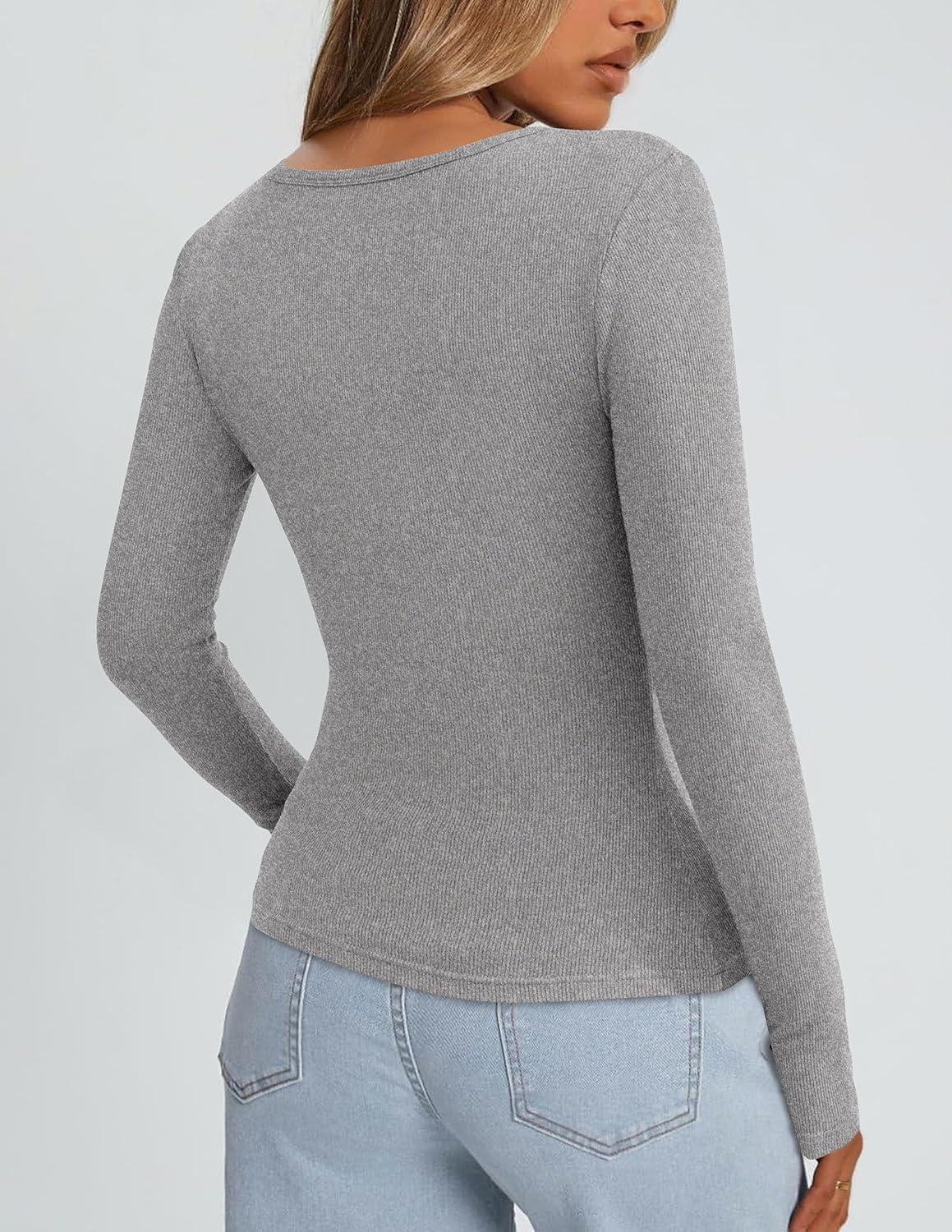 imagePRETTYGARDEN Long Sleeve Shirts for Women Spring 2026 Ribbed Basic Tees Scoop Neck Trendy Going Out Tops Fashion ClothingGrey