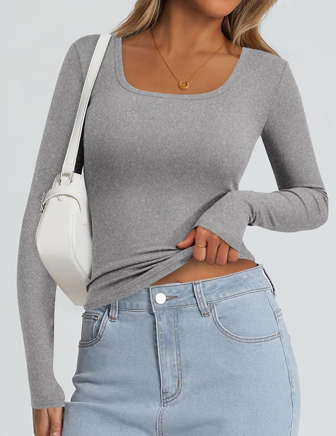 imagePRETTYGARDEN Long Sleeve Shirts for Women Spring 2026 Ribbed Basic Tees Scoop Neck Trendy Going Out Tops Fashion ClothingGrey