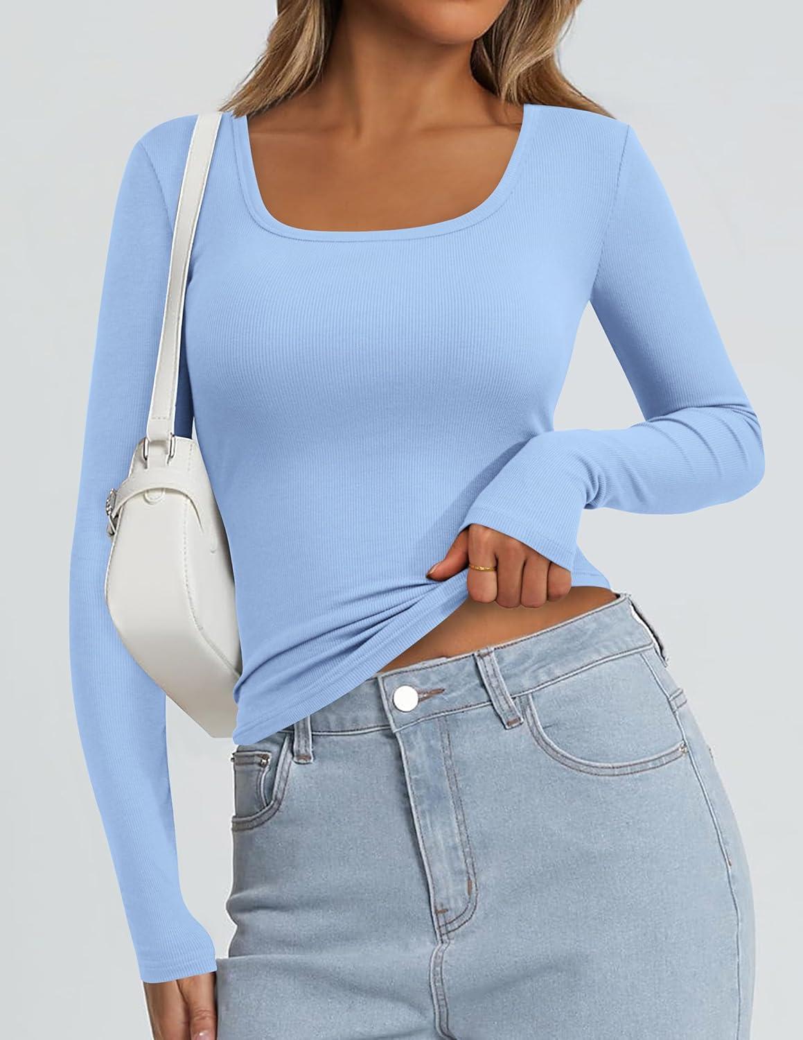 imagePRETTYGARDEN Long Sleeve Shirts for Women Spring 2026 Ribbed Basic Tees Scoop Neck Trendy Going Out Tops Fashion ClothingLight Blue