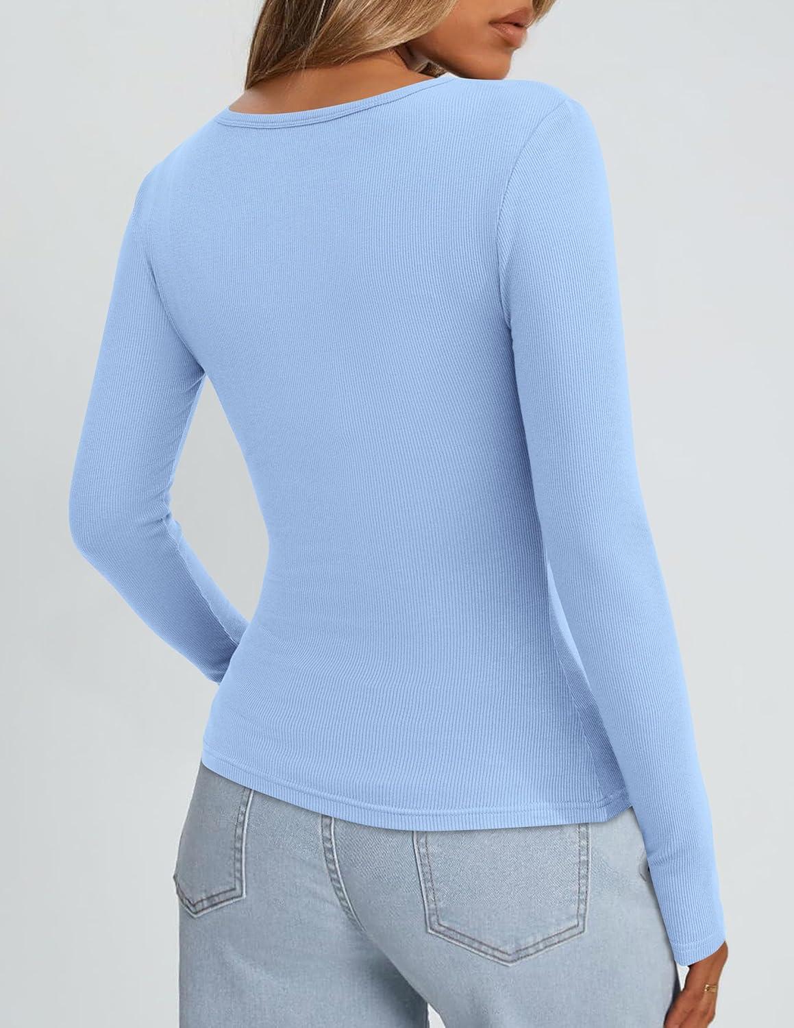 imagePRETTYGARDEN Long Sleeve Shirts for Women Spring 2026 Ribbed Basic Tees Scoop Neck Trendy Going Out Tops Fashion ClothingLight Blue