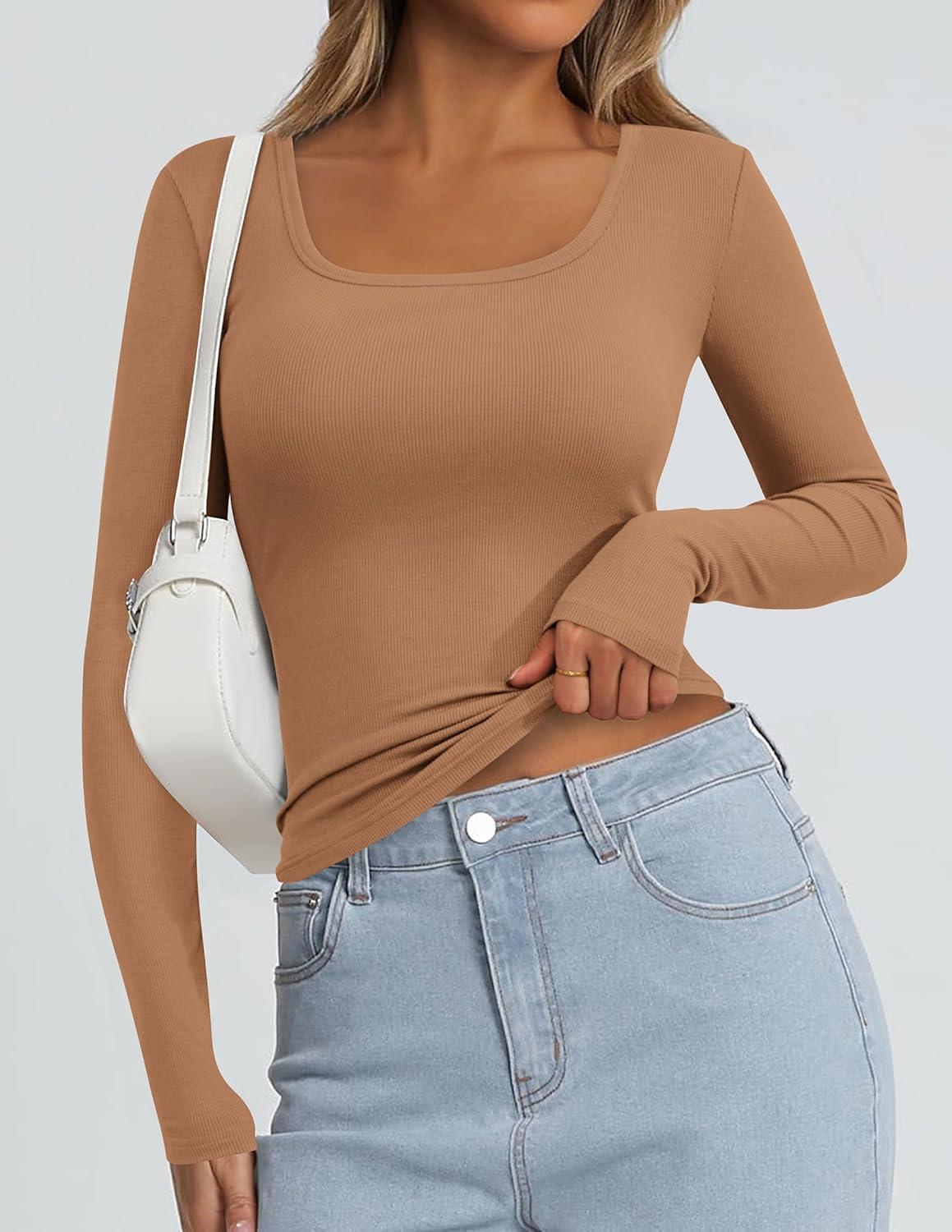 imagePRETTYGARDEN Long Sleeve Shirts for Women Spring 2026 Ribbed Basic Tees Scoop Neck Trendy Going Out Tops Fashion ClothingLight Camel