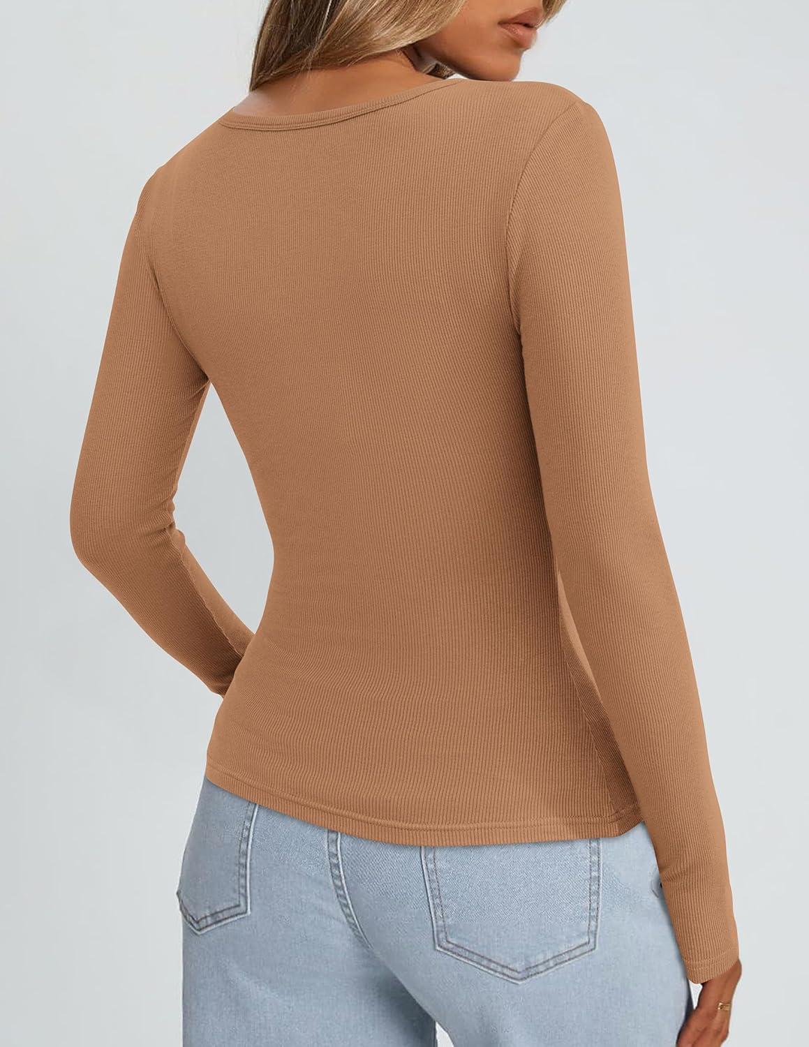 imagePRETTYGARDEN Long Sleeve Shirts for Women Spring 2026 Ribbed Basic Tees Scoop Neck Trendy Going Out Tops Fashion ClothingLight Camel