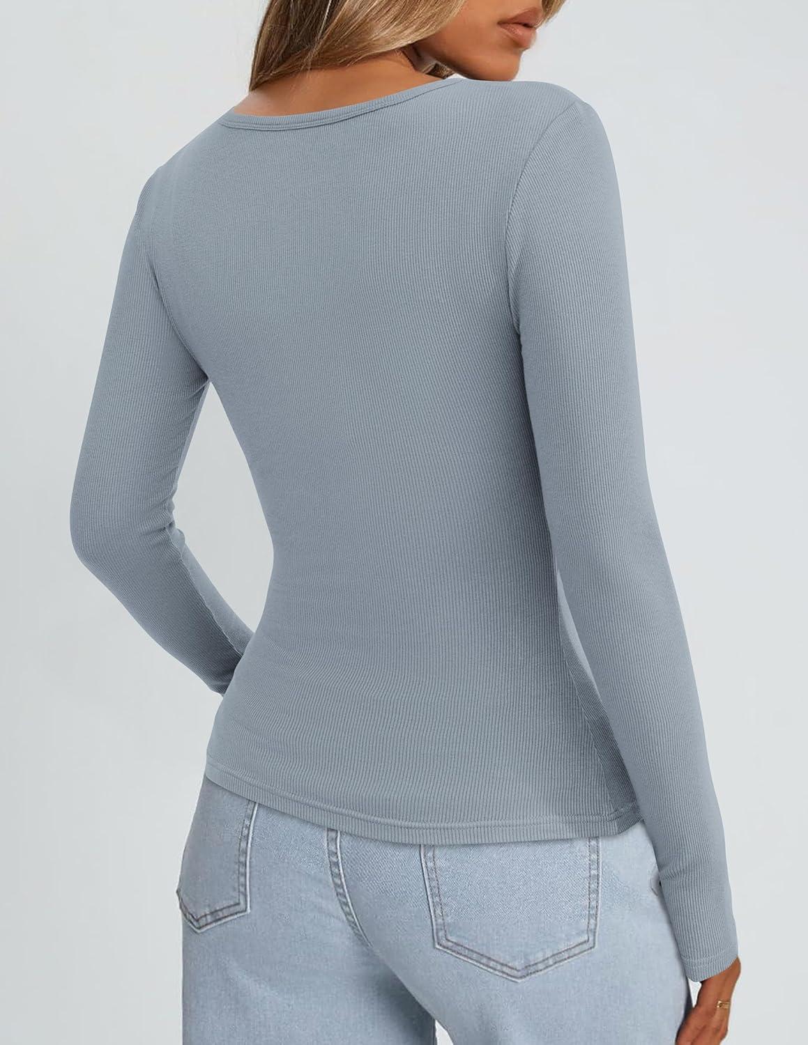 imagePRETTYGARDEN Long Sleeve Shirts for Women Spring 2026 Ribbed Basic Tees Scoop Neck Trendy Going Out Tops Fashion ClothingLight Grey