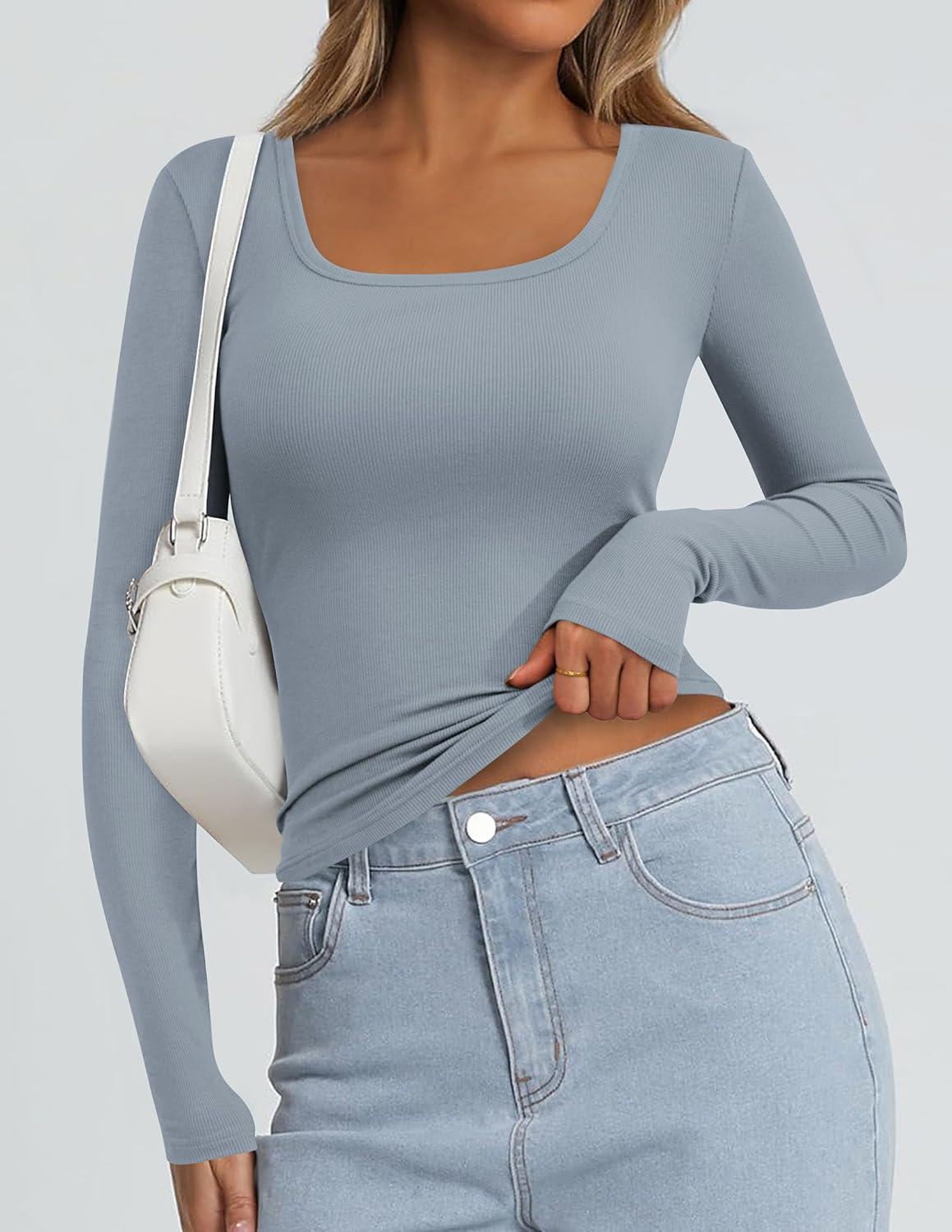 imagePRETTYGARDEN Long Sleeve Shirts for Women Spring 2026 Ribbed Basic Tees Scoop Neck Trendy Going Out Tops Fashion ClothingLight Grey
