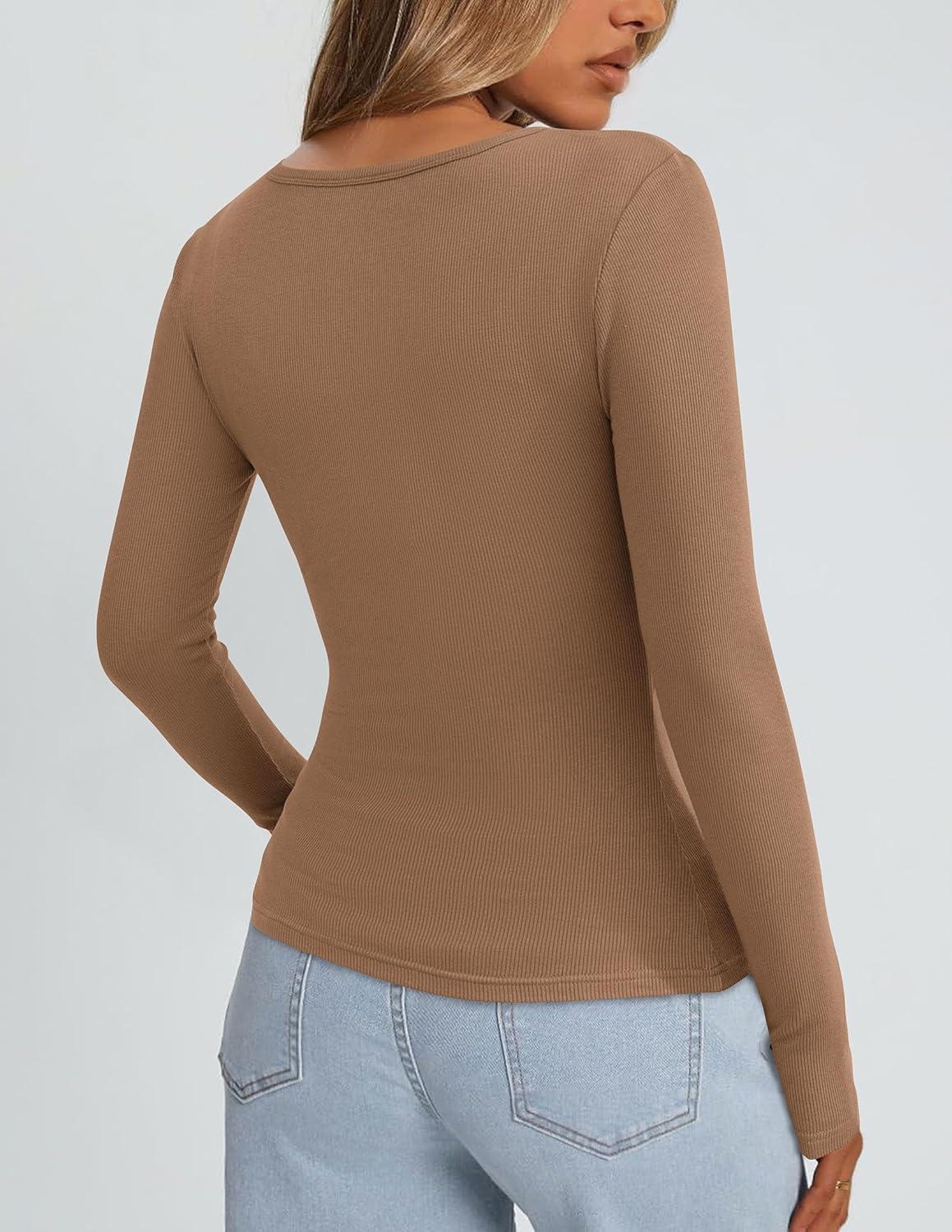 imagePRETTYGARDEN Long Sleeve Shirts for Women Spring 2026 Ribbed Basic Tees Scoop Neck Trendy Going Out Tops Fashion ClothingLight Khaki