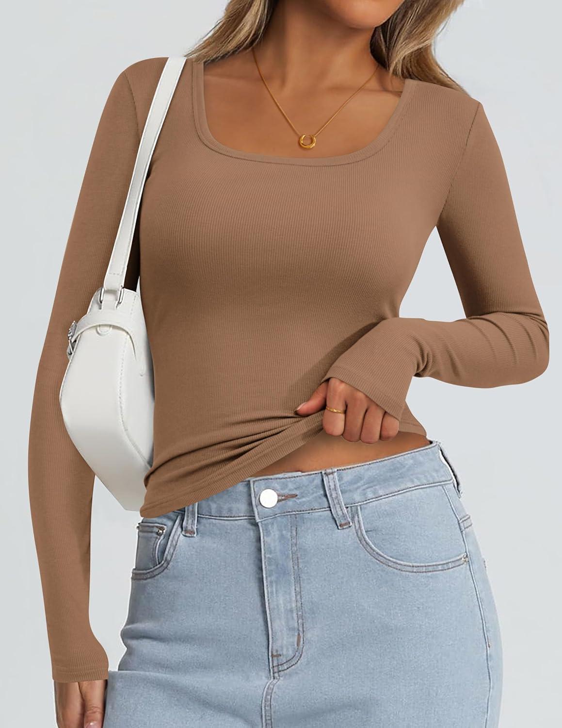 imagePRETTYGARDEN Long Sleeve Shirts for Women Spring 2026 Ribbed Basic Tees Scoop Neck Trendy Going Out Tops Fashion ClothingLight Khaki