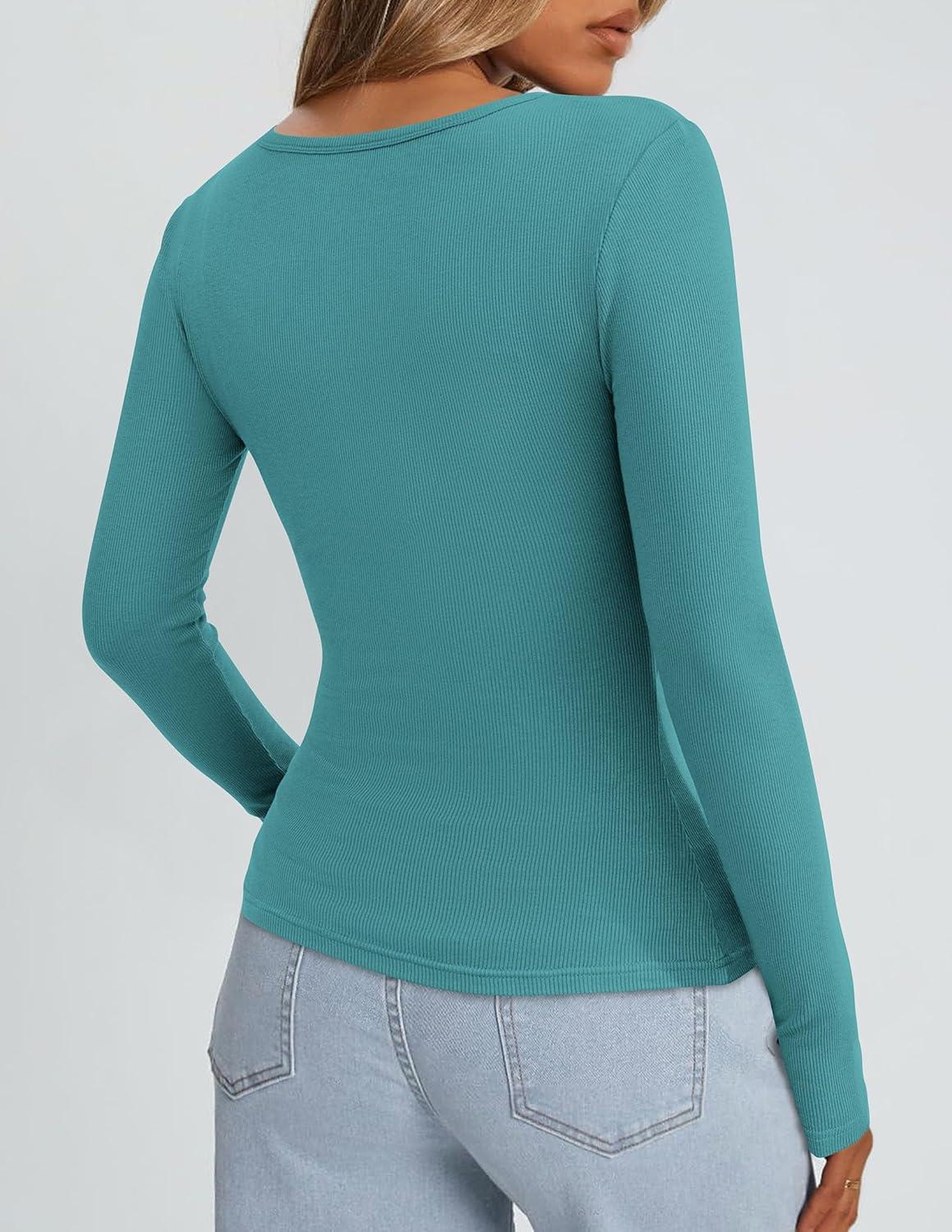 imagePRETTYGARDEN Long Sleeve Shirts for Women Spring 2026 Ribbed Basic Tees Scoop Neck Trendy Going Out Tops Fashion ClothingMalachite Green