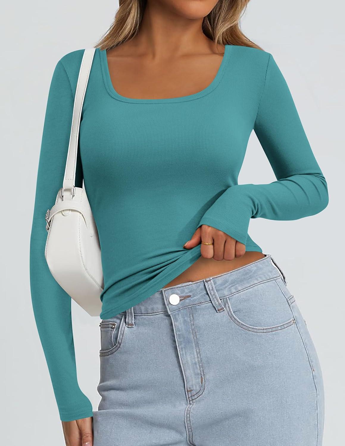 imagePRETTYGARDEN Long Sleeve Shirts for Women Spring 2026 Ribbed Basic Tees Scoop Neck Trendy Going Out Tops Fashion ClothingMalachite Green