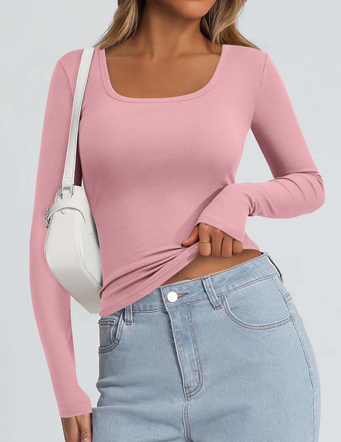 imagePRETTYGARDEN Long Sleeve Shirts for Women Spring 2026 Ribbed Basic Tees Scoop Neck Trendy Going Out Tops Fashion ClothingPink