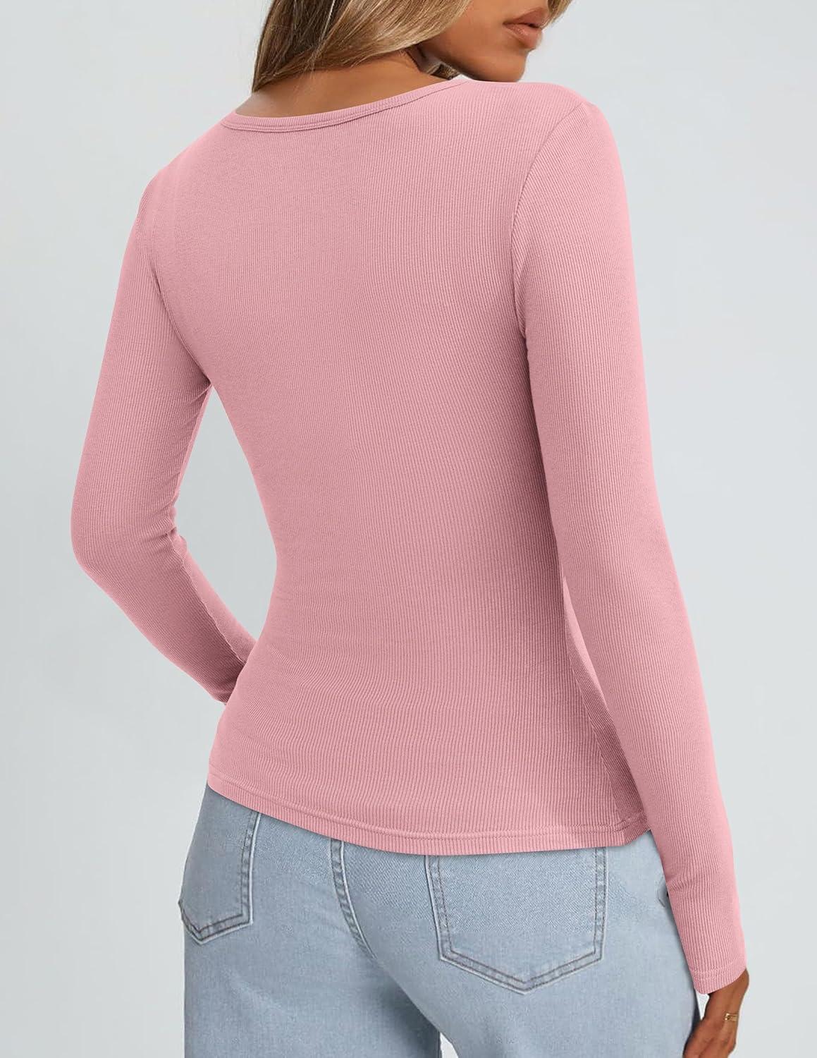 imagePRETTYGARDEN Long Sleeve Shirts for Women Spring 2026 Ribbed Basic Tees Scoop Neck Trendy Going Out Tops Fashion ClothingPink