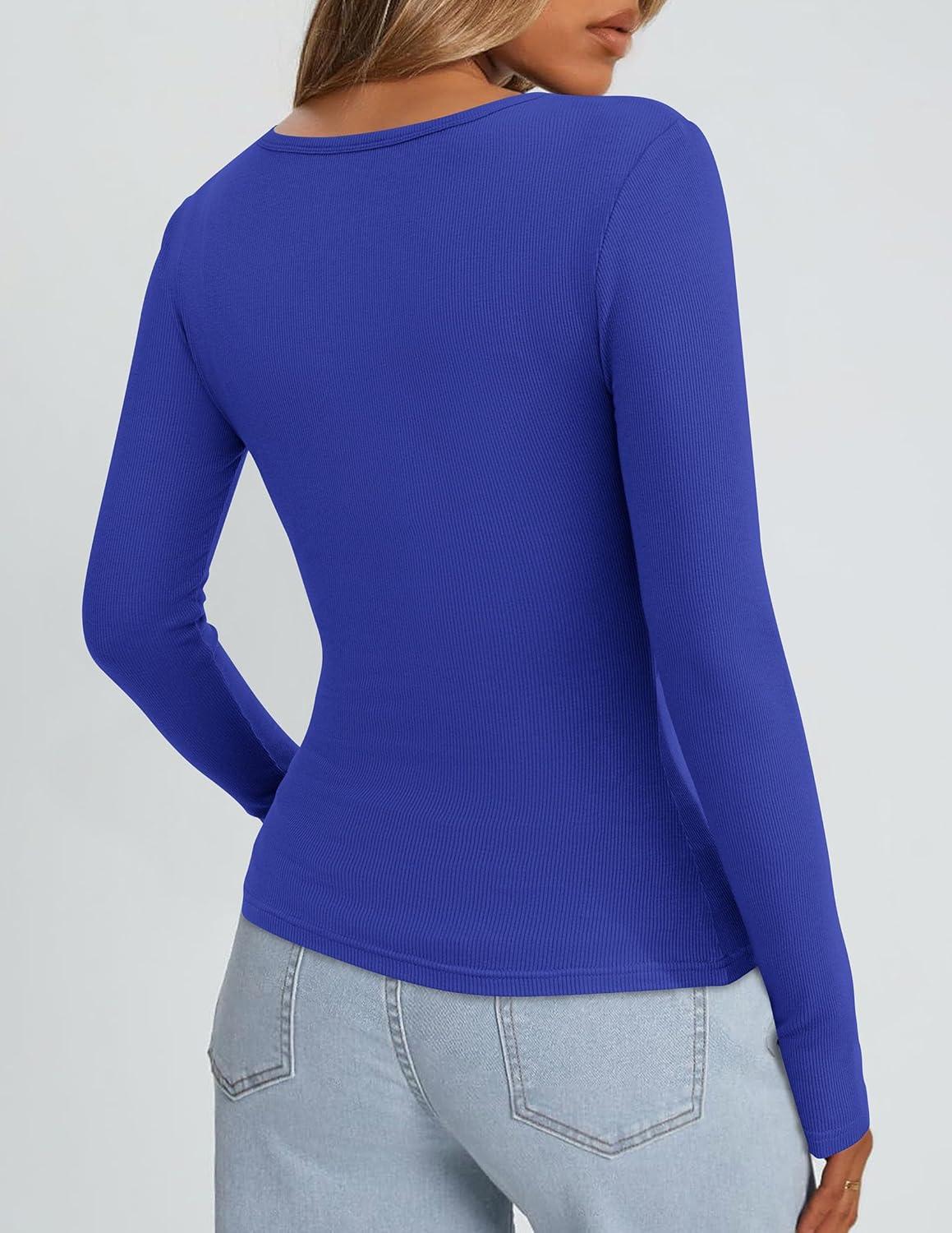 imagePRETTYGARDEN Long Sleeve Shirts for Women Spring 2026 Ribbed Basic Tees Scoop Neck Trendy Going Out Tops Fashion ClothingRoyal Blue