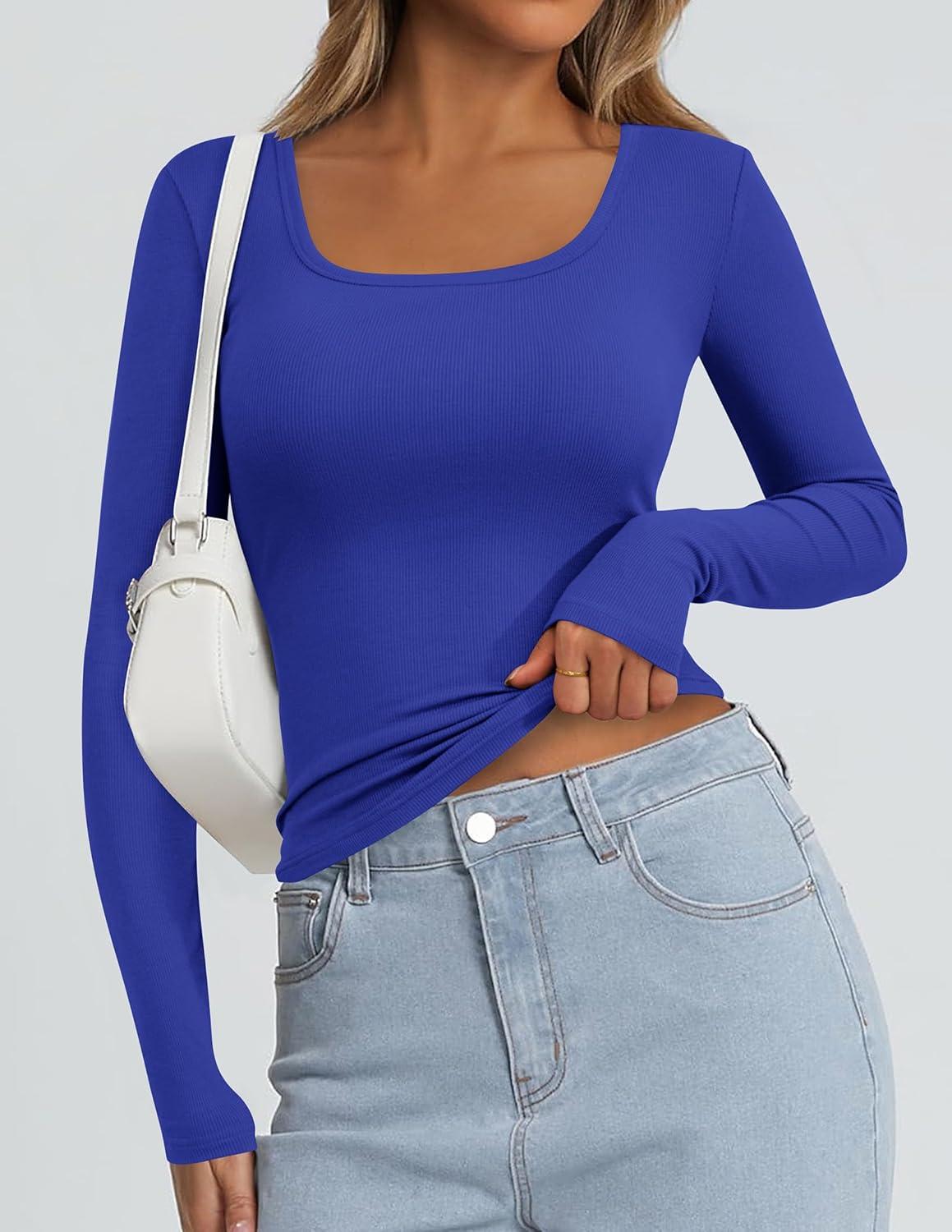 imagePRETTYGARDEN Long Sleeve Shirts for Women Spring 2026 Ribbed Basic Tees Scoop Neck Trendy Going Out Tops Fashion ClothingRoyal Blue