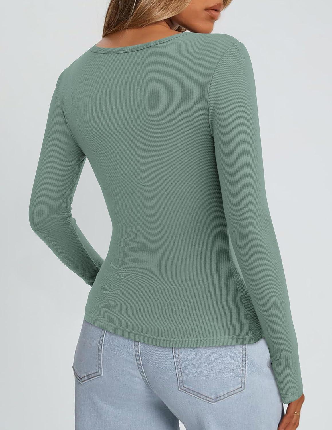 imagePRETTYGARDEN Long Sleeve Shirts for Women Spring 2026 Ribbed Basic Tees Scoop Neck Trendy Going Out Tops Fashion ClothingSage Green