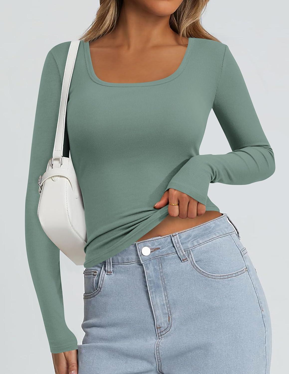 imagePRETTYGARDEN Long Sleeve Shirts for Women Spring 2026 Ribbed Basic Tees Scoop Neck Trendy Going Out Tops Fashion ClothingSage Green