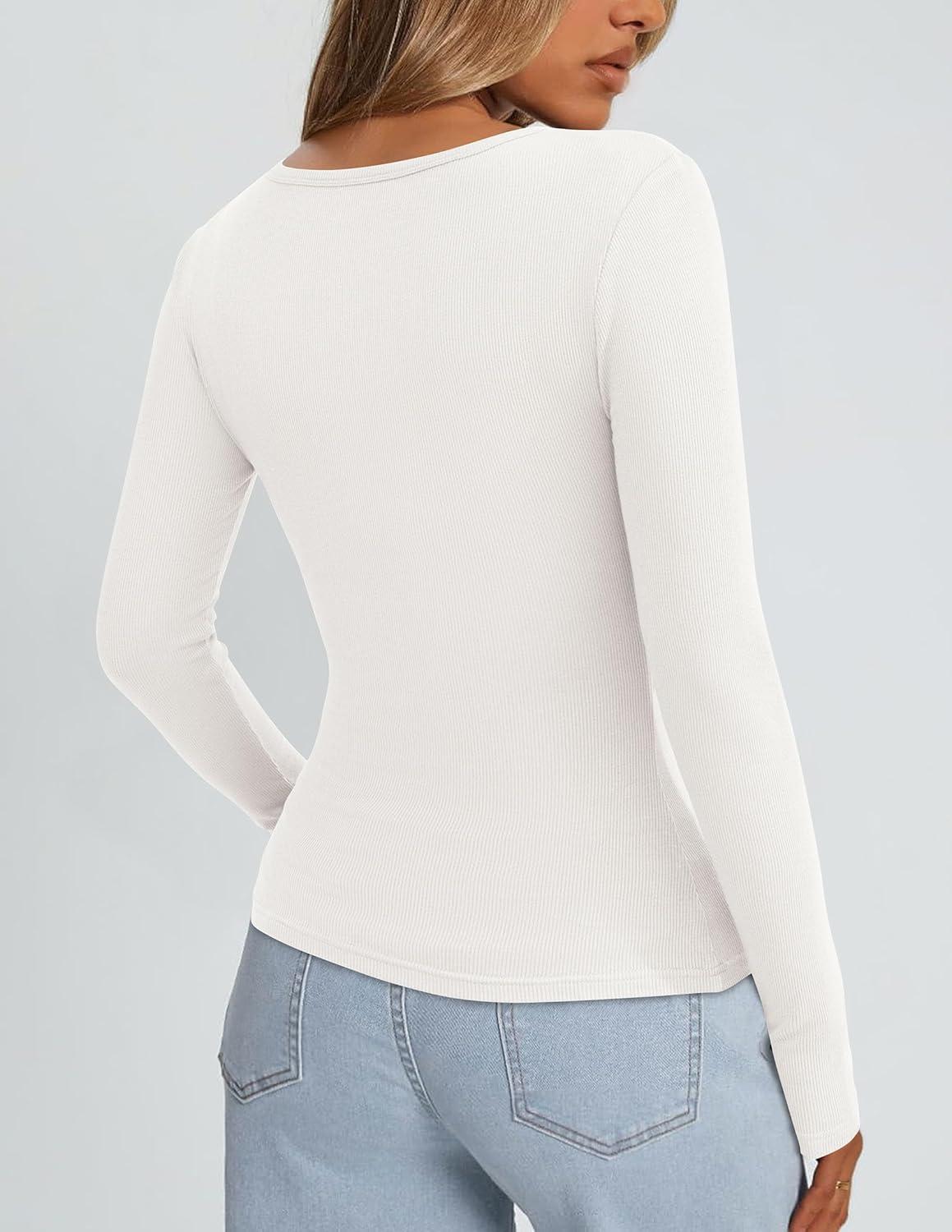 imagePRETTYGARDEN Long Sleeve Shirts for Women Spring 2026 Ribbed Basic Tees Scoop Neck Trendy Going Out Tops Fashion ClothingWhite