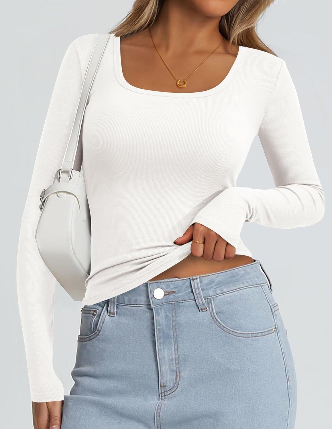 imagePRETTYGARDEN Long Sleeve Shirts for Women Spring 2026 Ribbed Basic Tees Scoop Neck Trendy Going Out Tops Fashion ClothingWhite