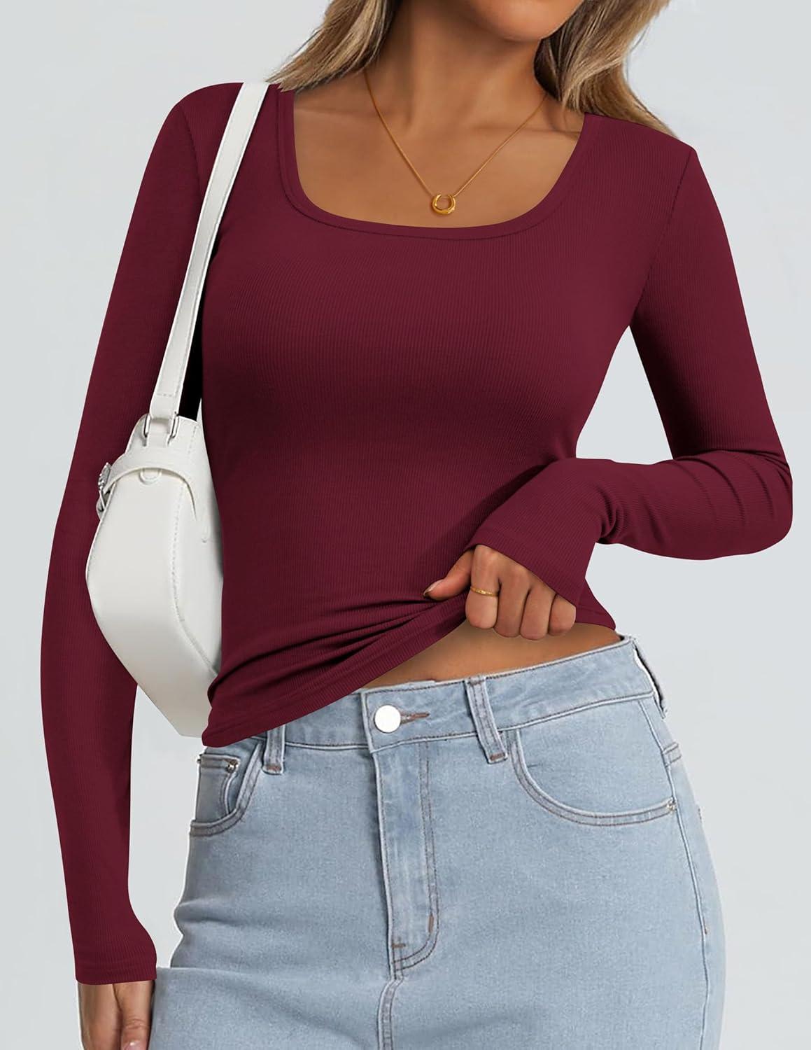 imagePRETTYGARDEN Long Sleeve Shirts for Women Spring 2026 Ribbed Basic Tees Scoop Neck Trendy Going Out Tops Fashion ClothingWine Red