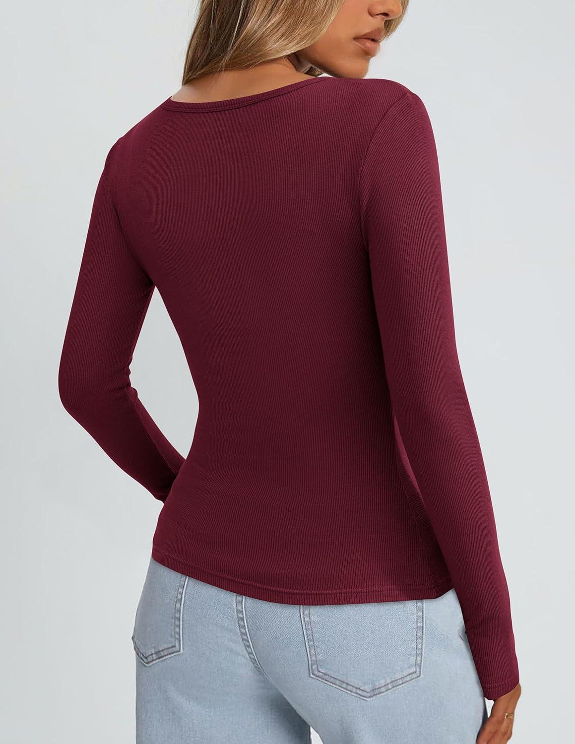 imagePRETTYGARDEN Long Sleeve Shirts for Women Spring 2026 Ribbed Basic Tees Scoop Neck Trendy Going Out Tops Fashion ClothingWine Red