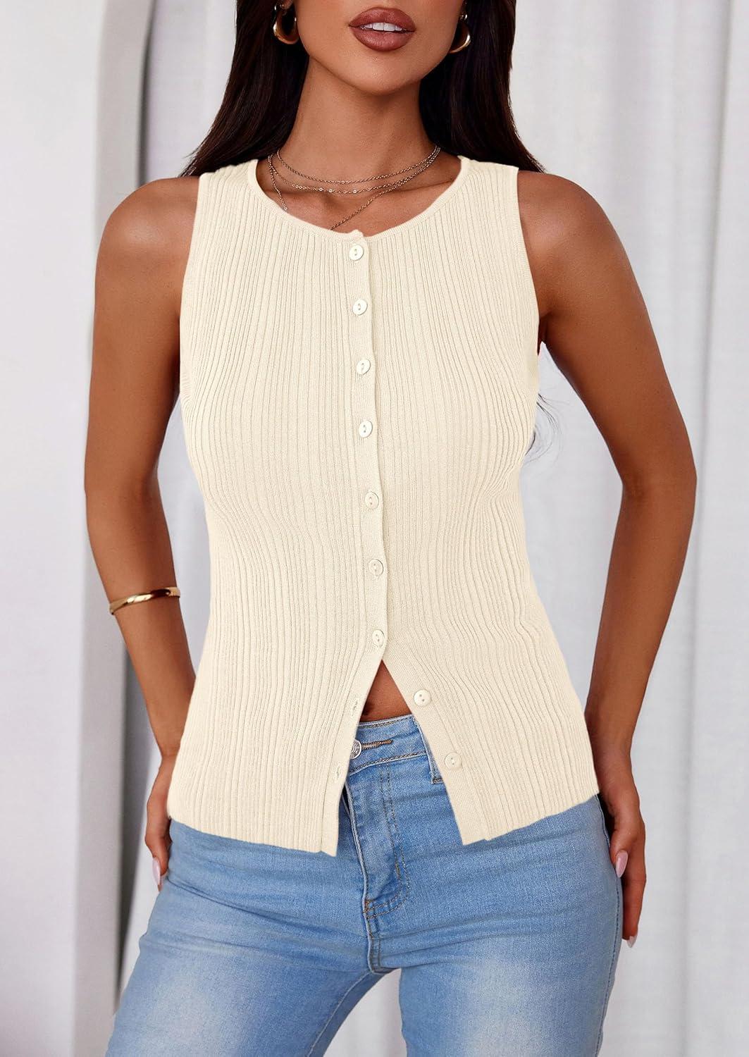 imagePRETTYGARDEN Ribbed Tank Tops for Women Summer 2026 Button Down Sleeveless Shirts Y2K Fashion Clothing Going Out Vest TopApricot