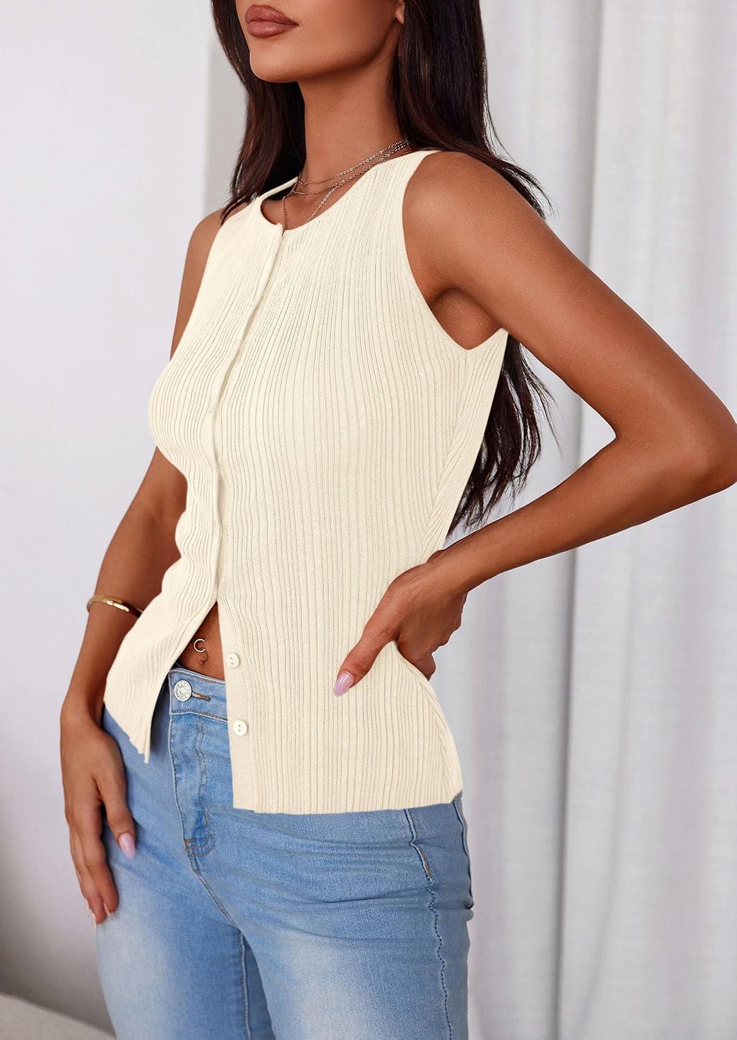 imagePRETTYGARDEN Ribbed Tank Tops for Women Summer 2026 Button Down Sleeveless Shirts Y2K Fashion Clothing Going Out Vest TopApricot