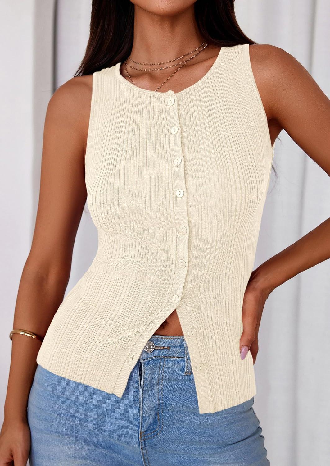 imagePRETTYGARDEN Ribbed Tank Tops for Women Summer 2026 Button Down Sleeveless Shirts Y2K Fashion Clothing Going Out Vest TopApricot