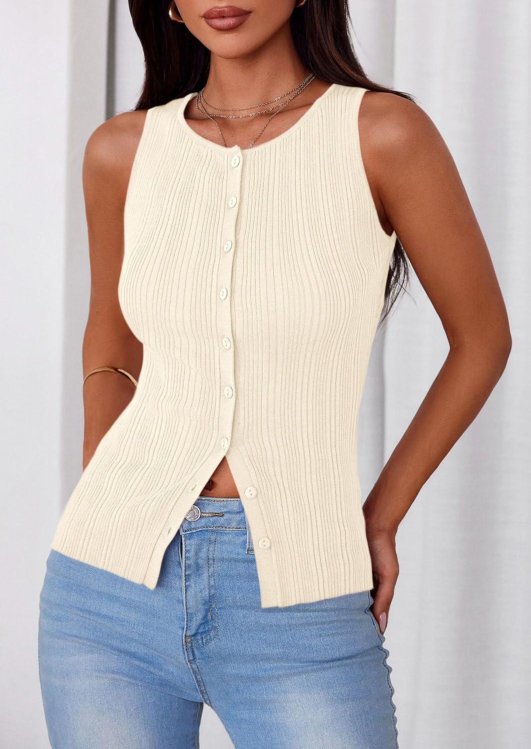 imagePRETTYGARDEN Ribbed Tank Tops for Women Summer 2026 Button Down Sleeveless Shirts Y2K Fashion Clothing Going Out Vest TopApricot