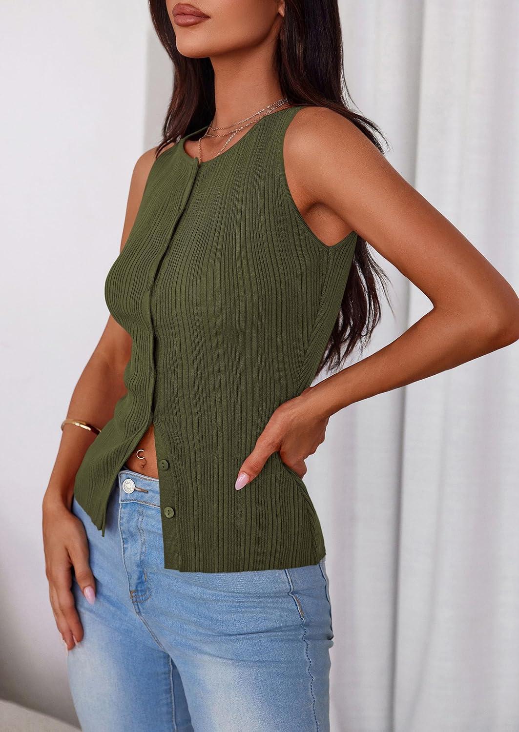 imagePRETTYGARDEN Ribbed Tank Tops for Women Summer 2026 Button Down Sleeveless Shirts Y2K Fashion Clothing Going Out Vest TopArmy Green
