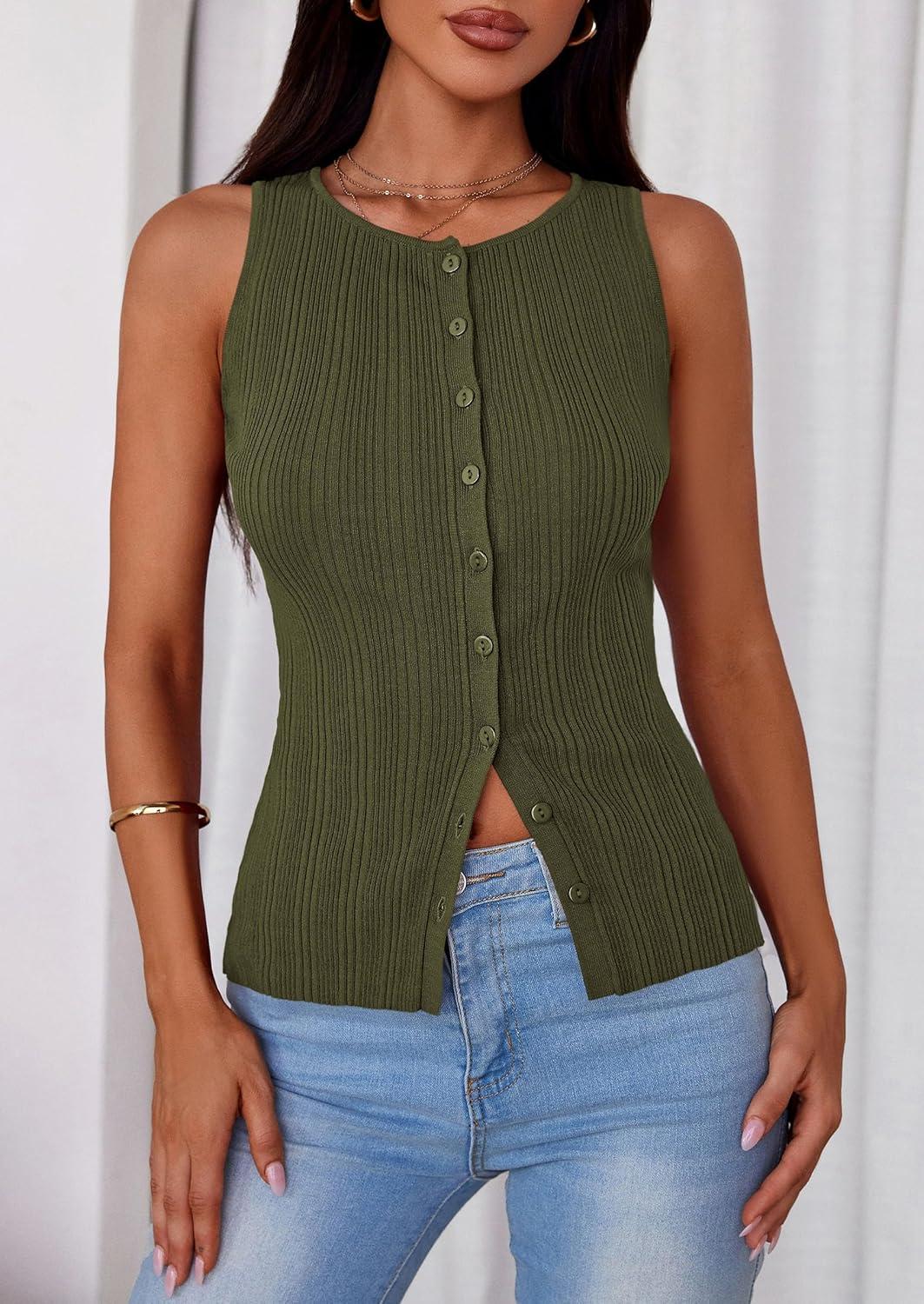 imagePRETTYGARDEN Ribbed Tank Tops for Women Summer 2026 Button Down Sleeveless Shirts Y2K Fashion Clothing Going Out Vest TopArmy Green