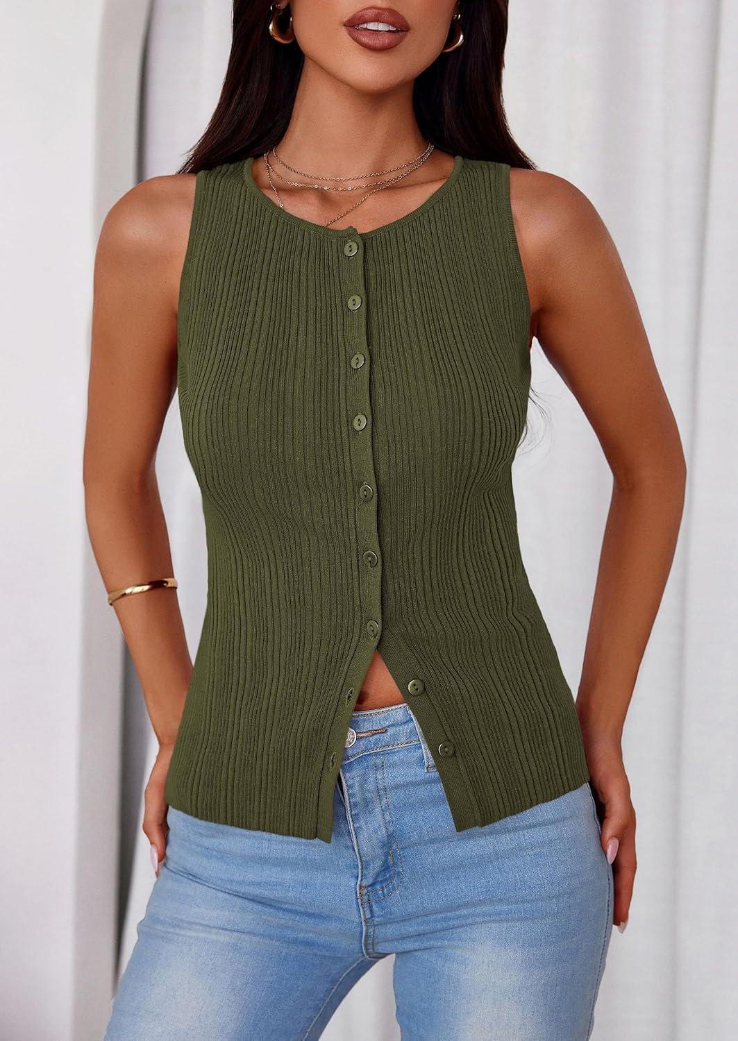 imagePRETTYGARDEN Ribbed Tank Tops for Women Summer 2026 Button Down Sleeveless Shirts Y2K Fashion Clothing Going Out Vest TopArmy Green