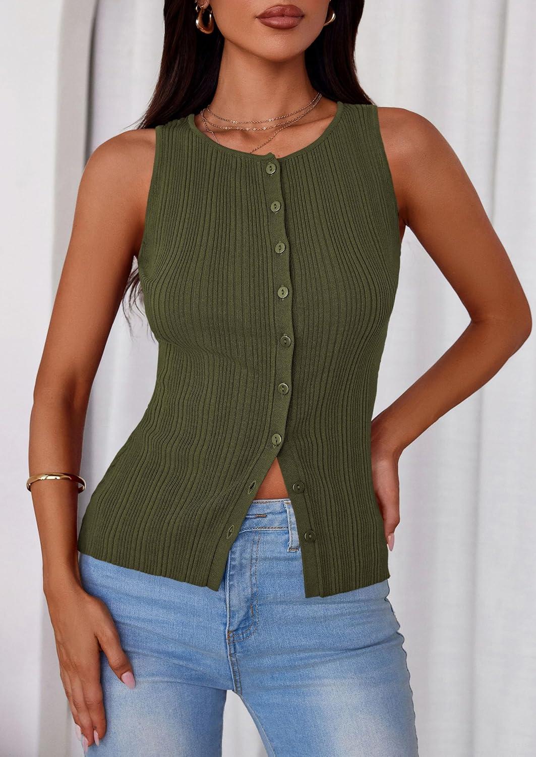 imagePRETTYGARDEN Ribbed Tank Tops for Women Summer 2026 Button Down Sleeveless Shirts Y2K Fashion Clothing Going Out Vest TopArmy Green
